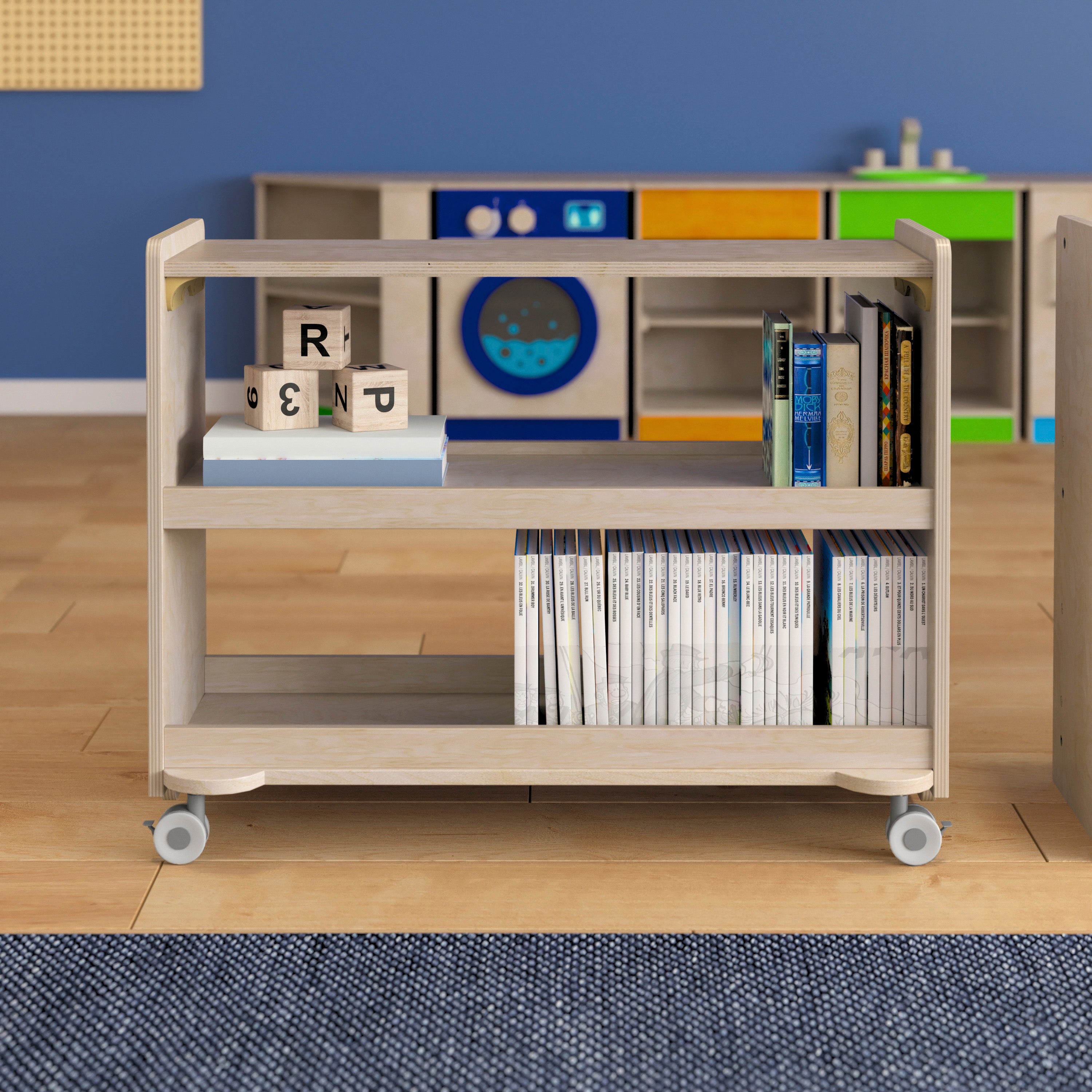 Bright Beginnings Commercial Grade Space Saving 3 Shelf Wooden Mobile Classroom Storage Cart with Locking Caster Wheels, Kid Friendly Design, Natural