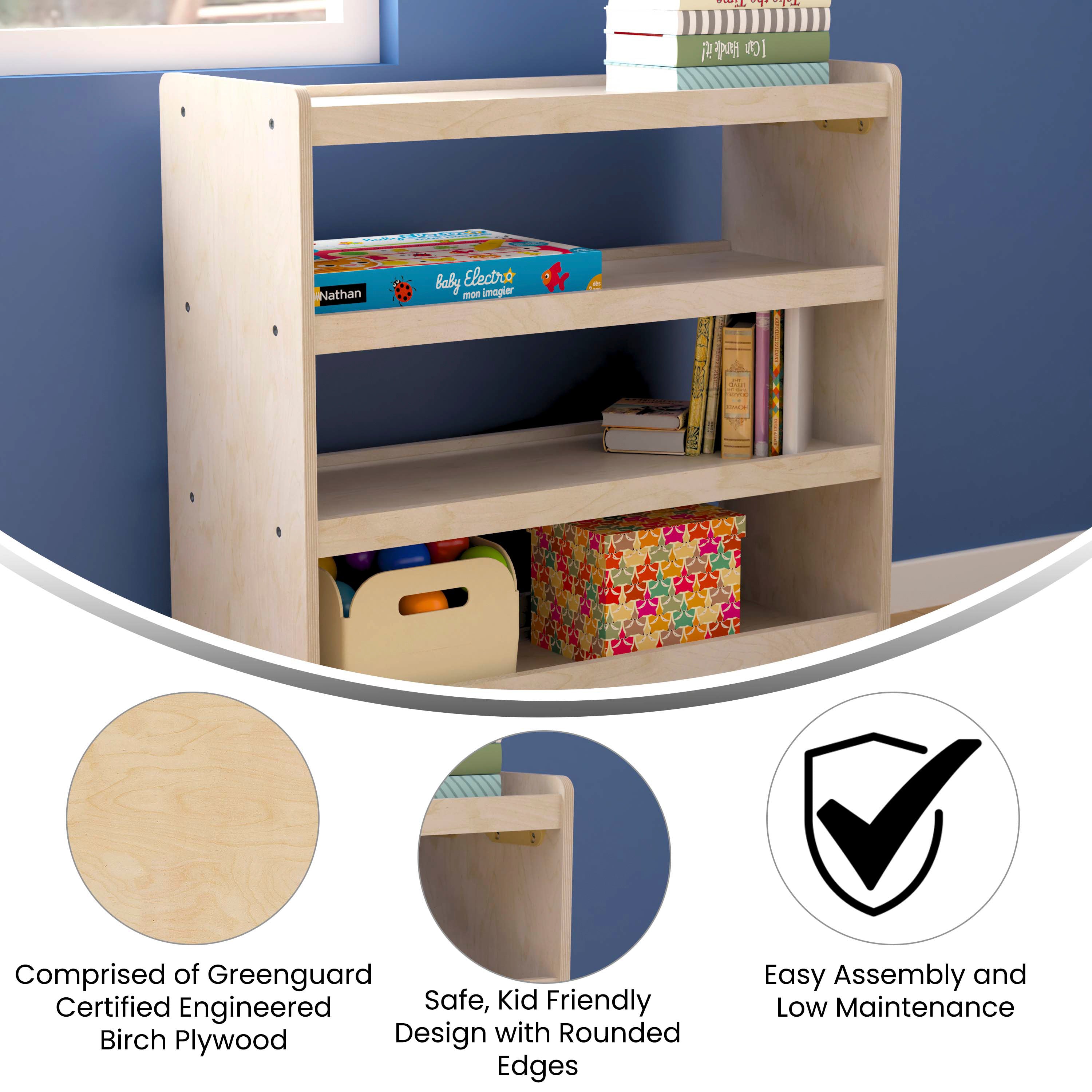 Bright Beginnings Commercial Grade Space Saving 4 Shelf Wooden Mobile Classroom Storage Cart with Locking Caster Wheels, Kid Friendly Design, Natural
