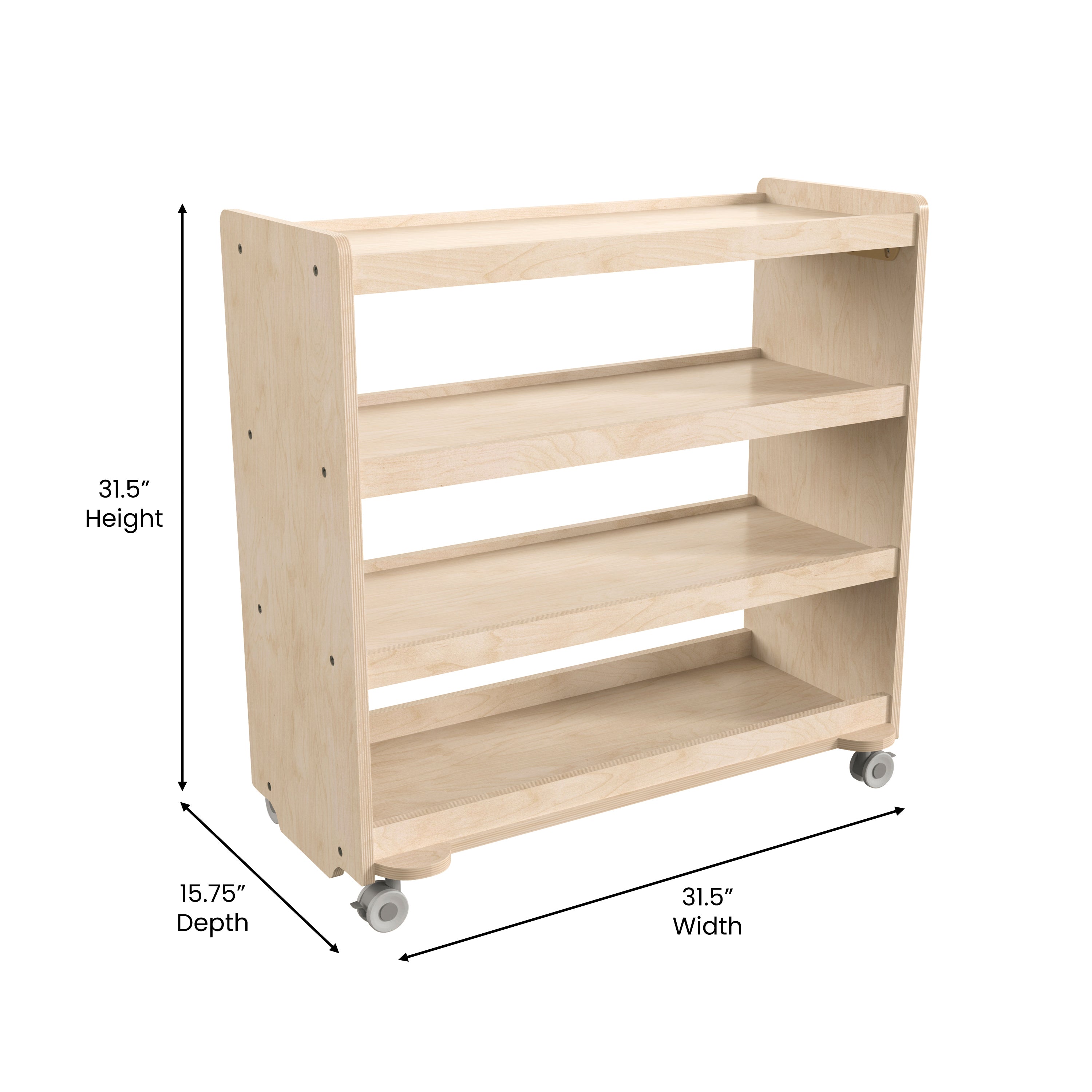 Bright Beginnings Commercial Grade Space Saving 4 Shelf Wooden Mobile Classroom Storage Cart with Locking Caster Wheels, Kid Friendly Design, Natural
