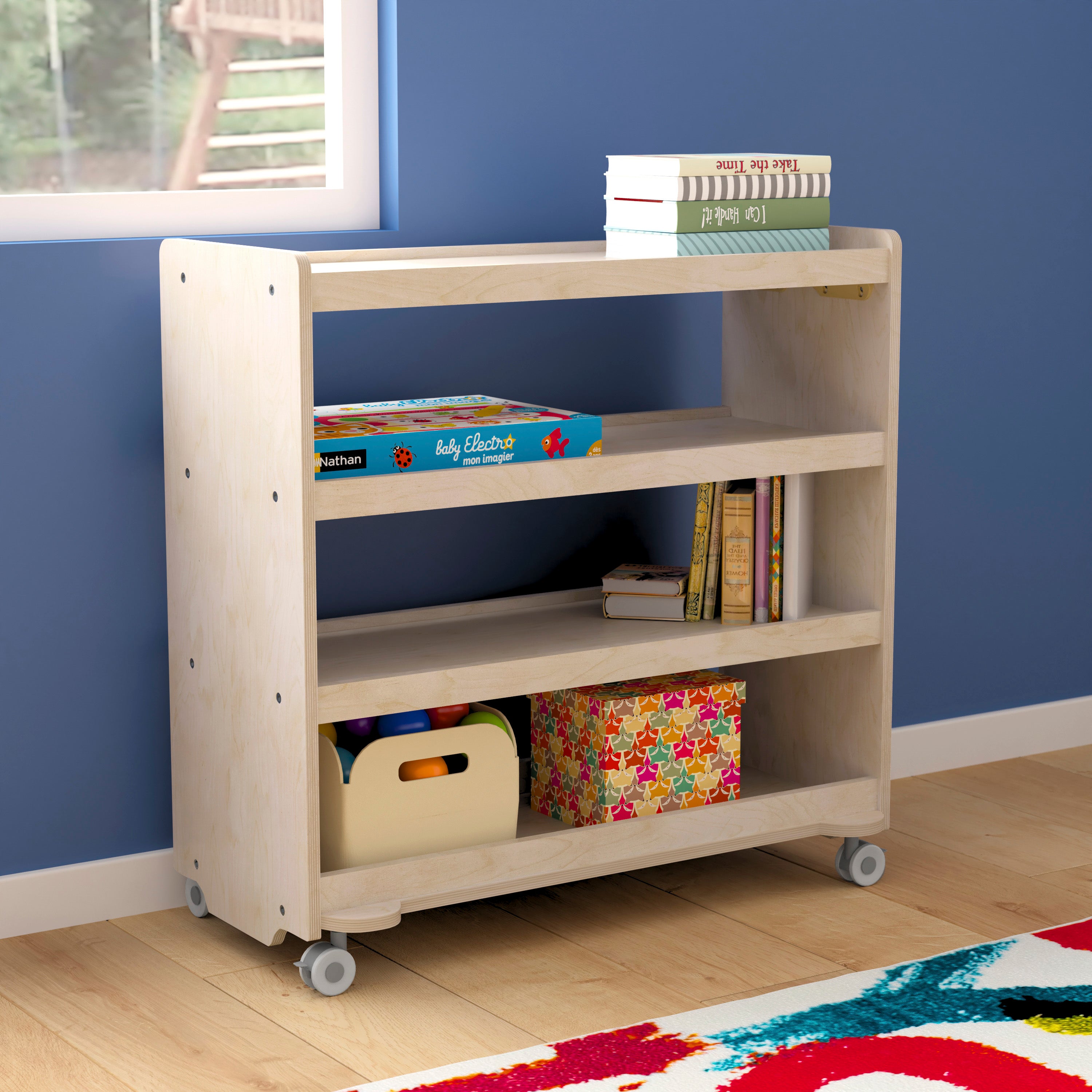 Bright Beginnings Commercial Grade Space Saving 4 Shelf Wooden Mobile Classroom Storage Cart with Locking Caster Wheels, Kid Friendly Design, Natural