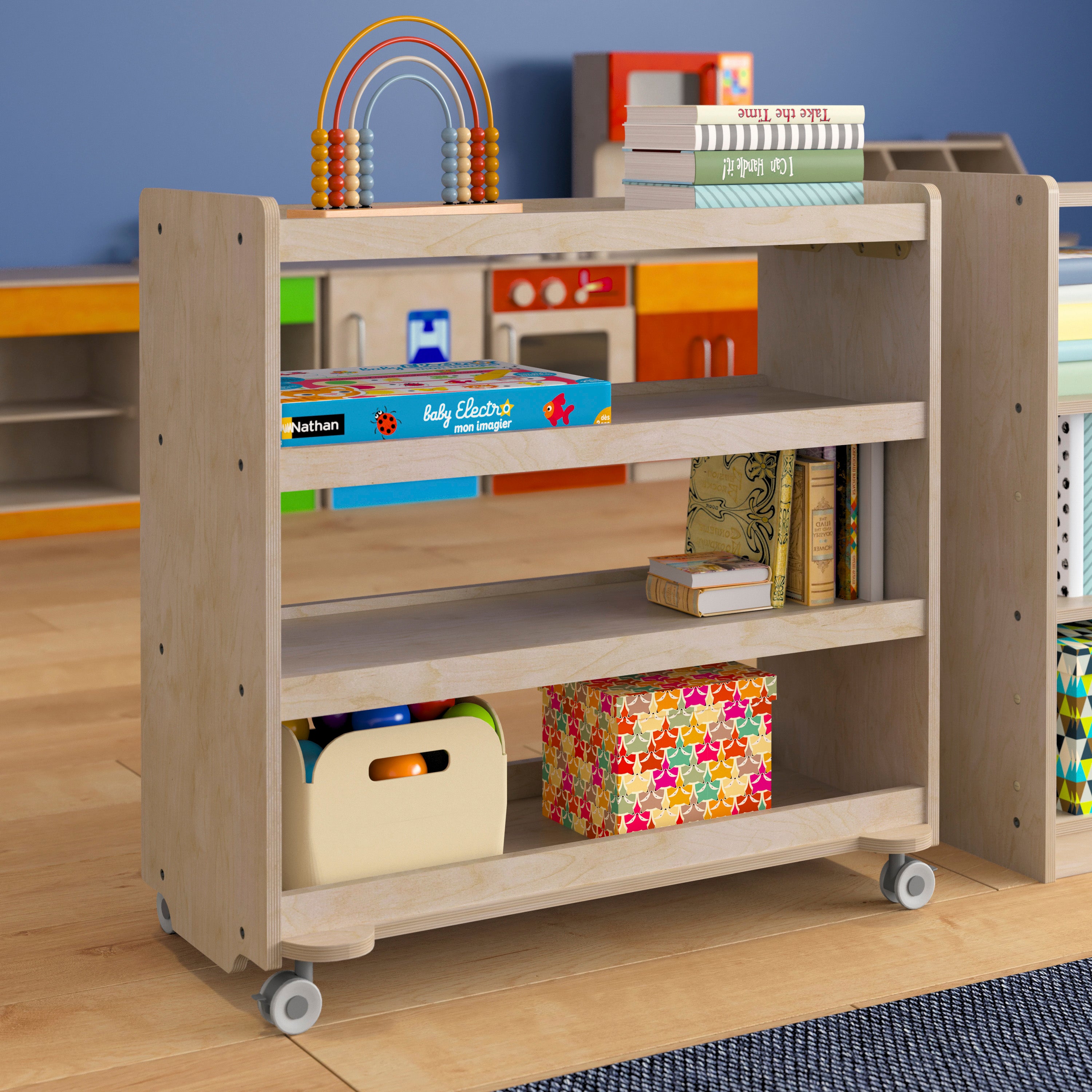 Bright Beginnings Commercial Grade Space Saving 4 Shelf Wooden Mobile Classroom Storage Cart with Locking Caster Wheels, Kid Friendly Design, Natural