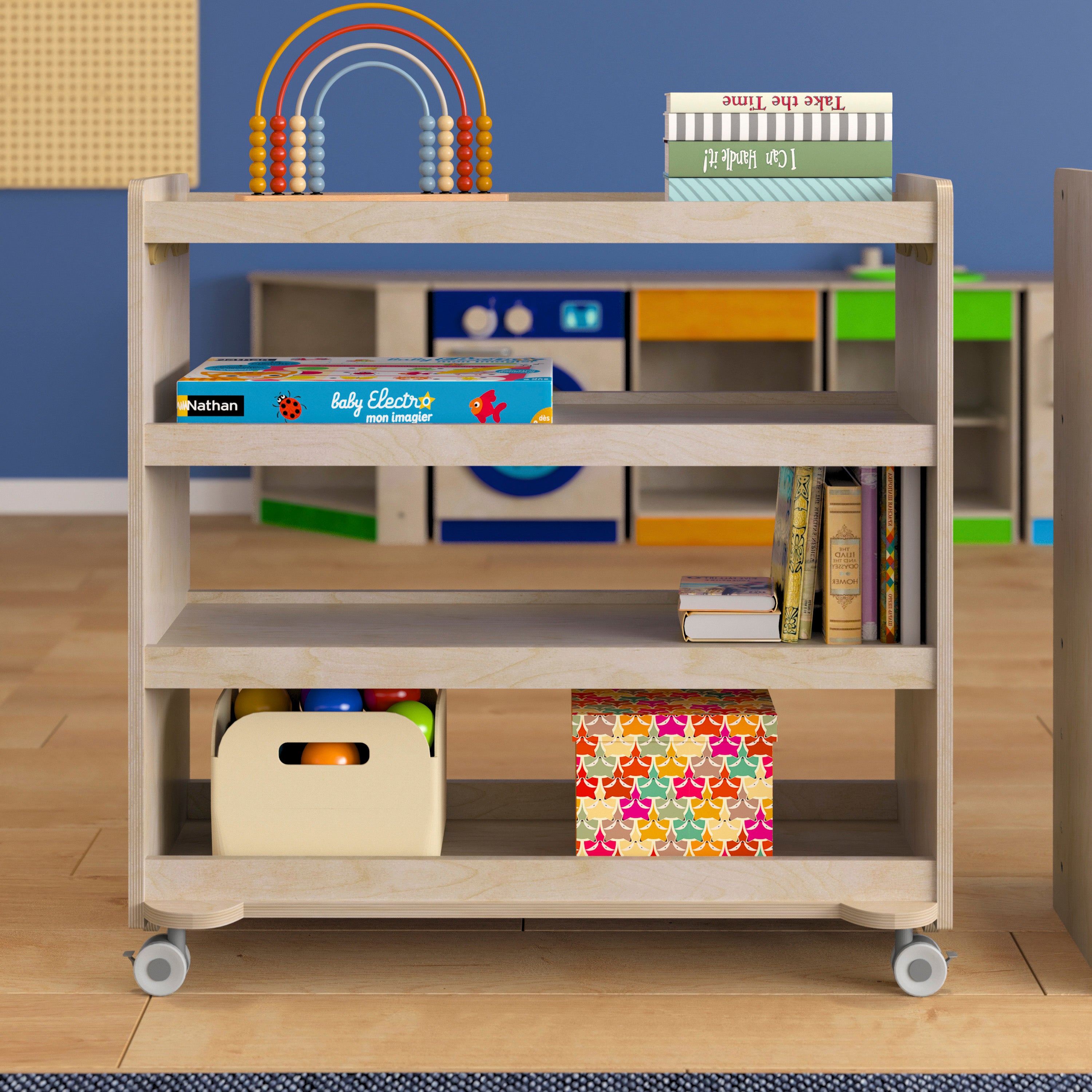 Bright Beginnings Commercial Grade Space Saving 4 Shelf Wooden Mobile Classroom Storage Cart with Locking Caster Wheels, Kid Friendly Design, Natural
