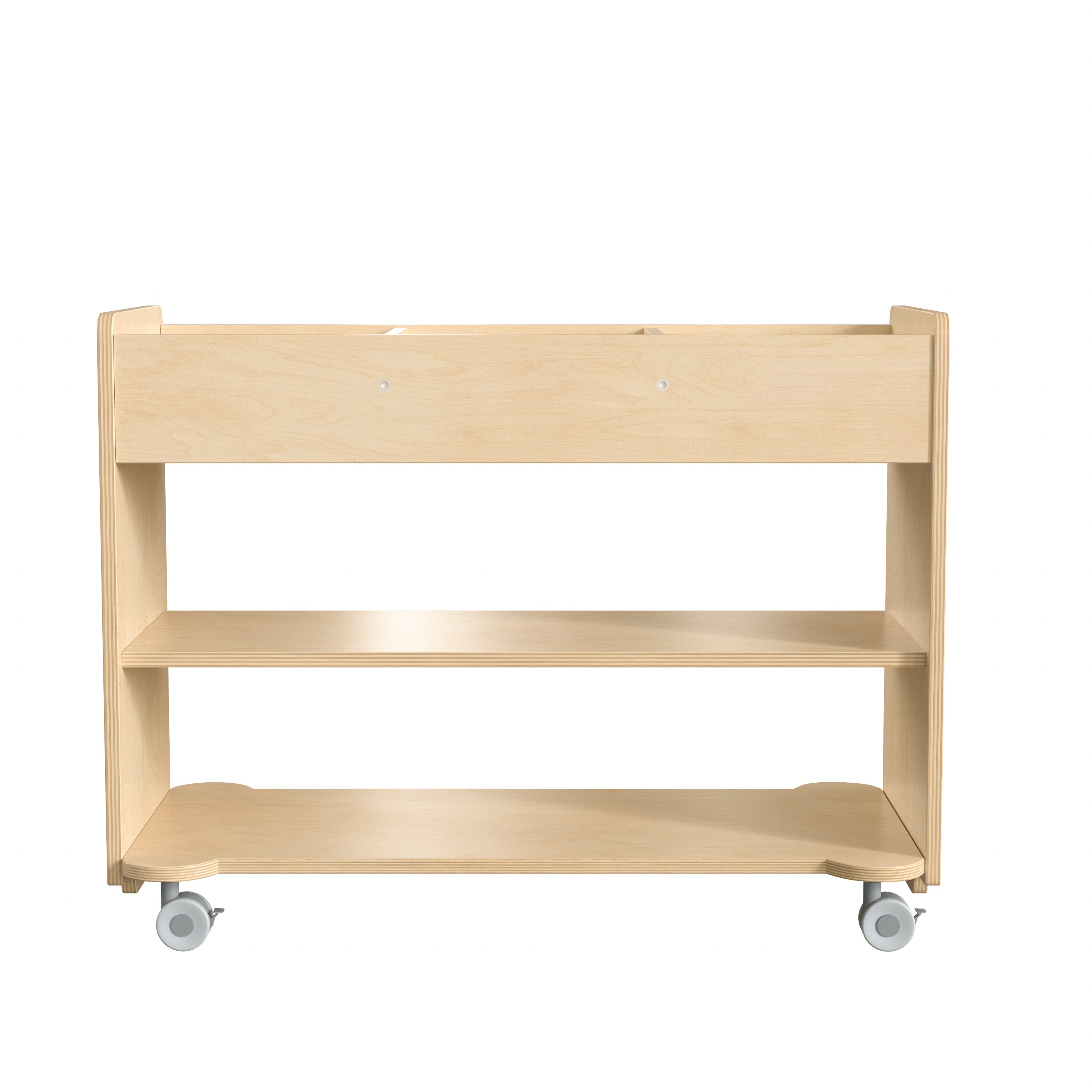 Bright Beginnings Commercial Wooden Mobile Storage Cart with 3 Top Storage Cubbies, 2 Lower Shelves and Locking Caster Wheels, Natural