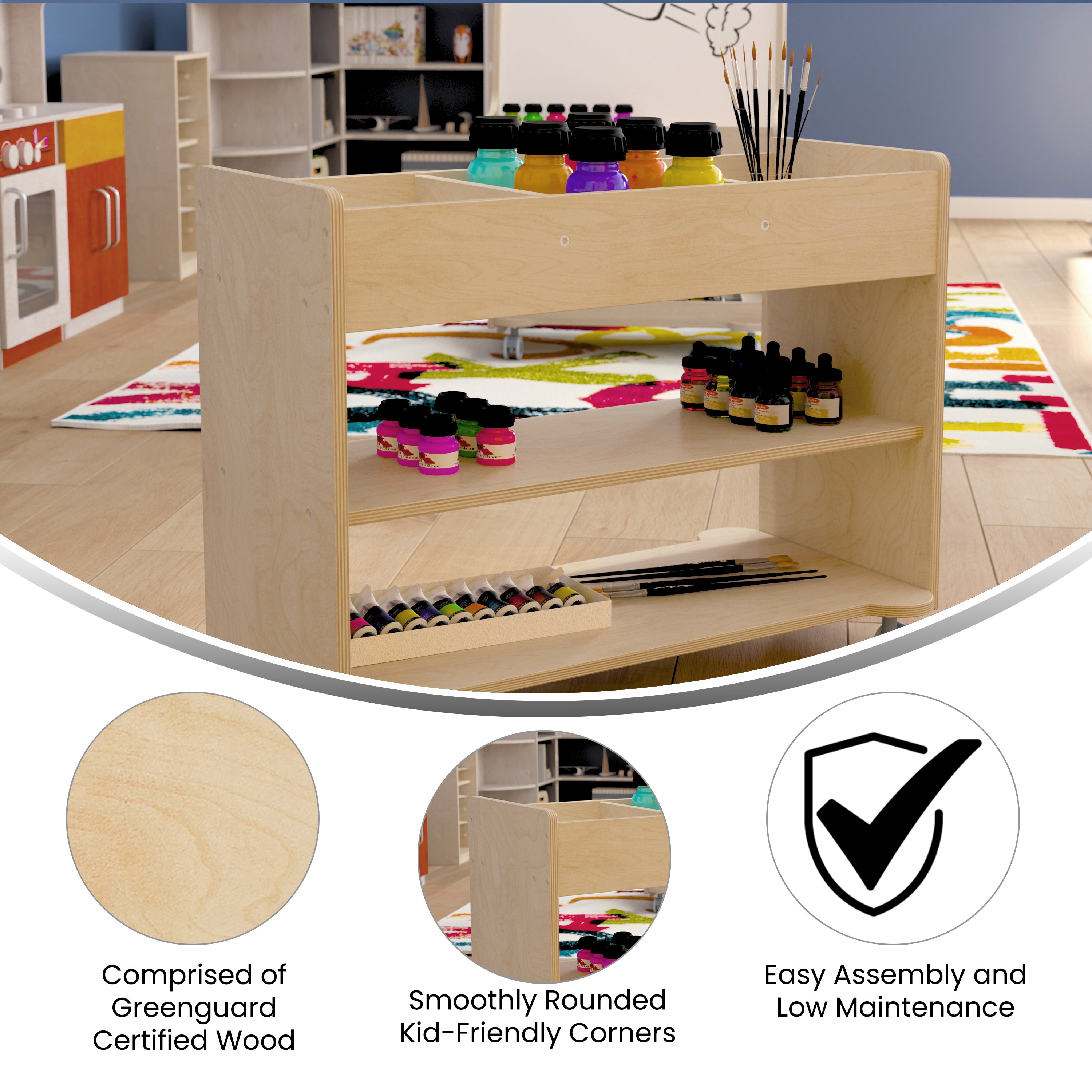 Bright Beginnings Commercial Wooden Mobile Storage Cart with 3 Top Storage Cubbies, 2 Lower Shelves and Locking Caster Wheels, Natural