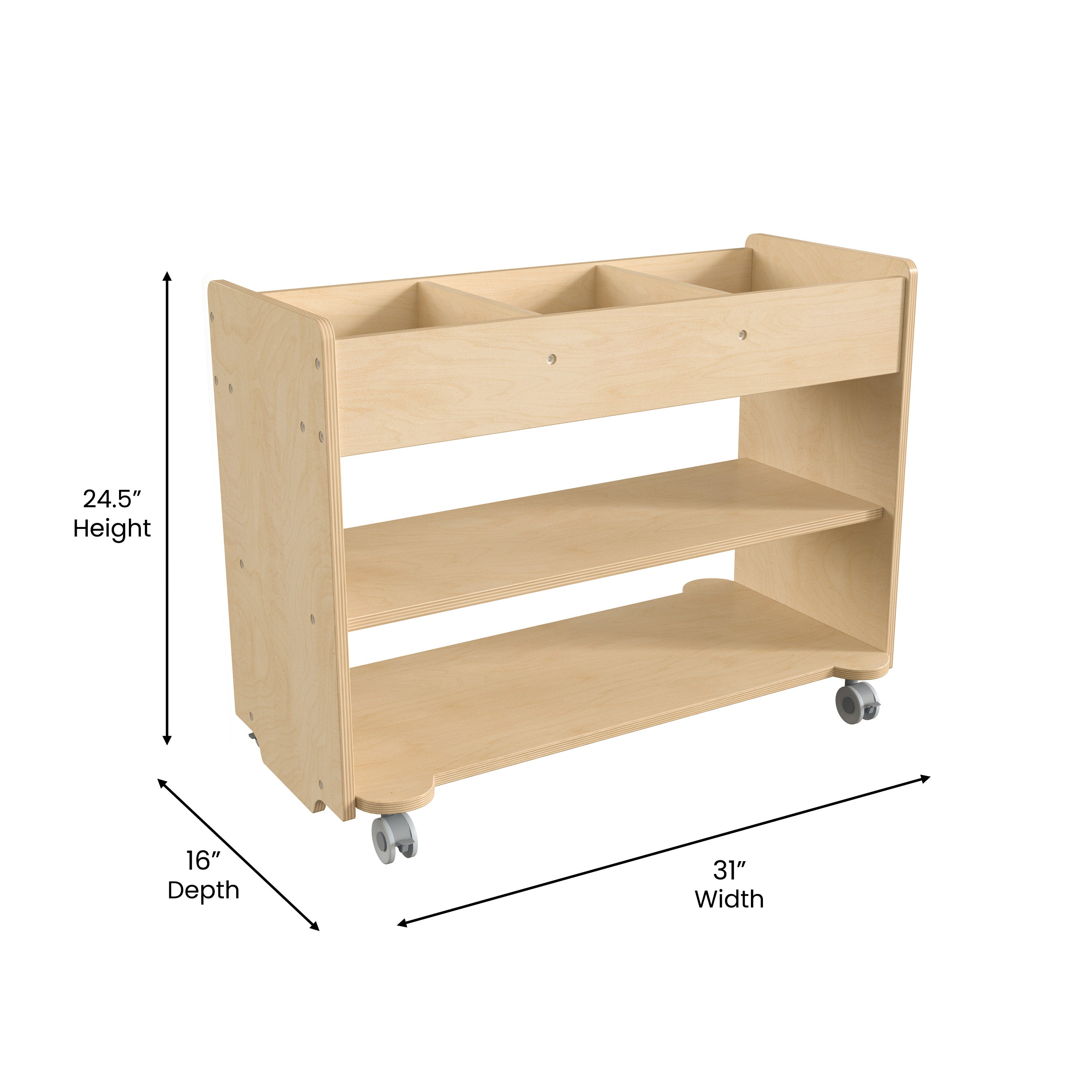 Bright Beginnings Commercial Wooden Mobile Storage Cart with 3 Top Storage Cubbies, 2 Lower Shelves and Locking Caster Wheels, Natural
