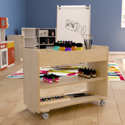 Bright Beginnings Commercial Wooden Mobile Storage Cart with 3 Top Storage Cubbies, 2 Lower Shelves and Locking Caster Wheels, Natural