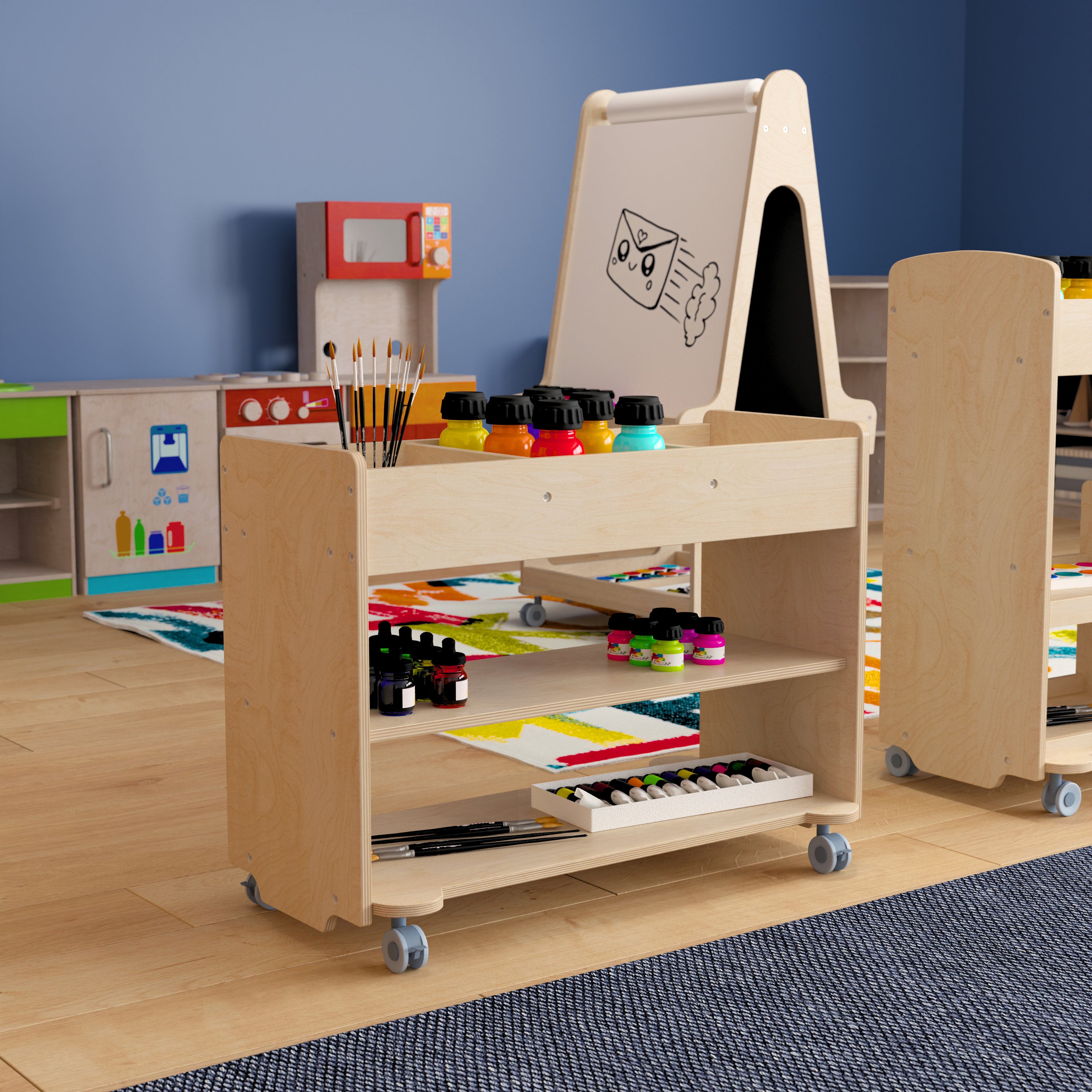 Bright Beginnings Commercial Wooden Mobile Storage Cart with 3 Top Storage Cubbies, 2 Lower Shelves and Locking Caster Wheels, Natural
