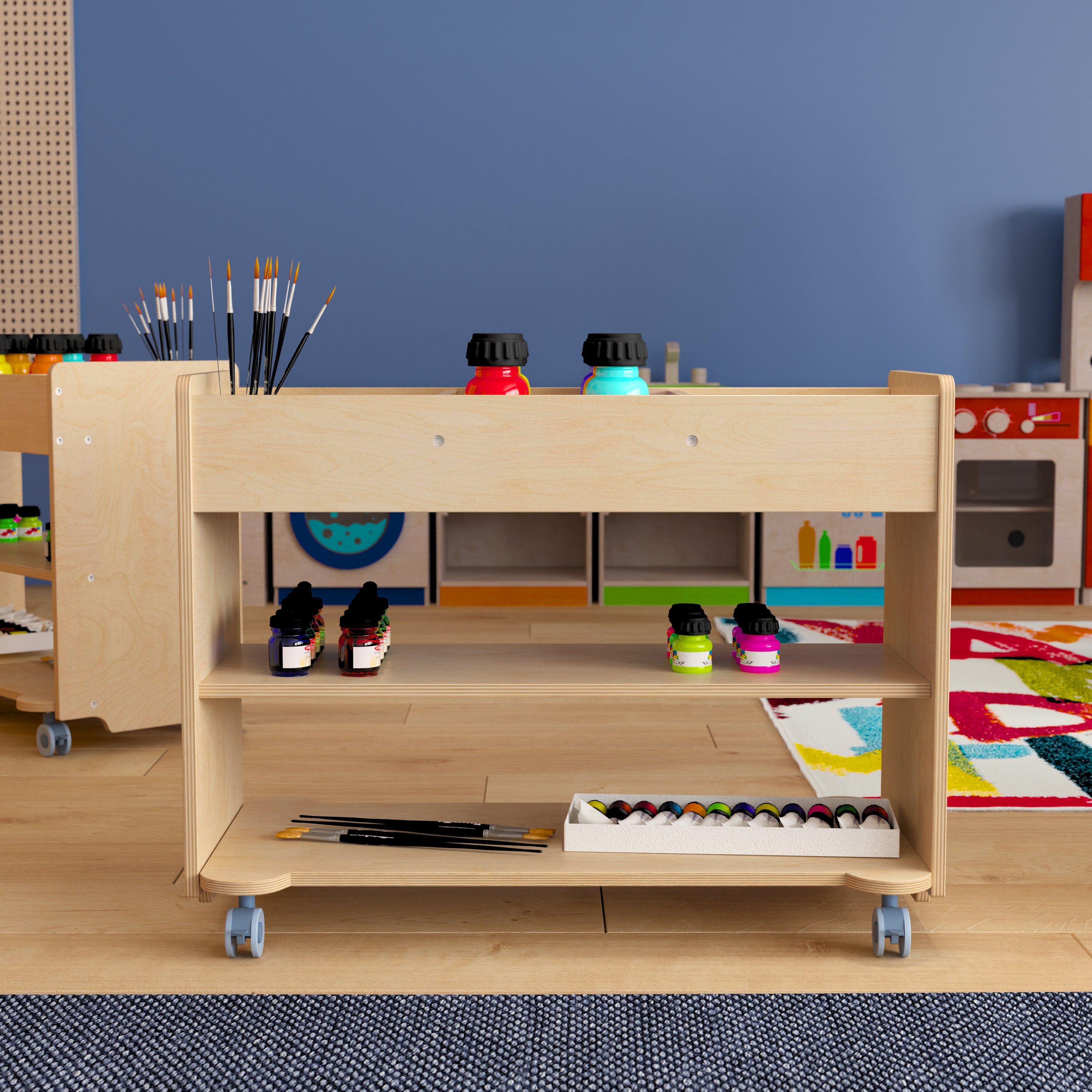 Bright Beginnings Commercial Wooden Mobile Storage Cart with 3 Top Storage Cubbies, 2 Lower Shelves and Locking Caster Wheels, Natural