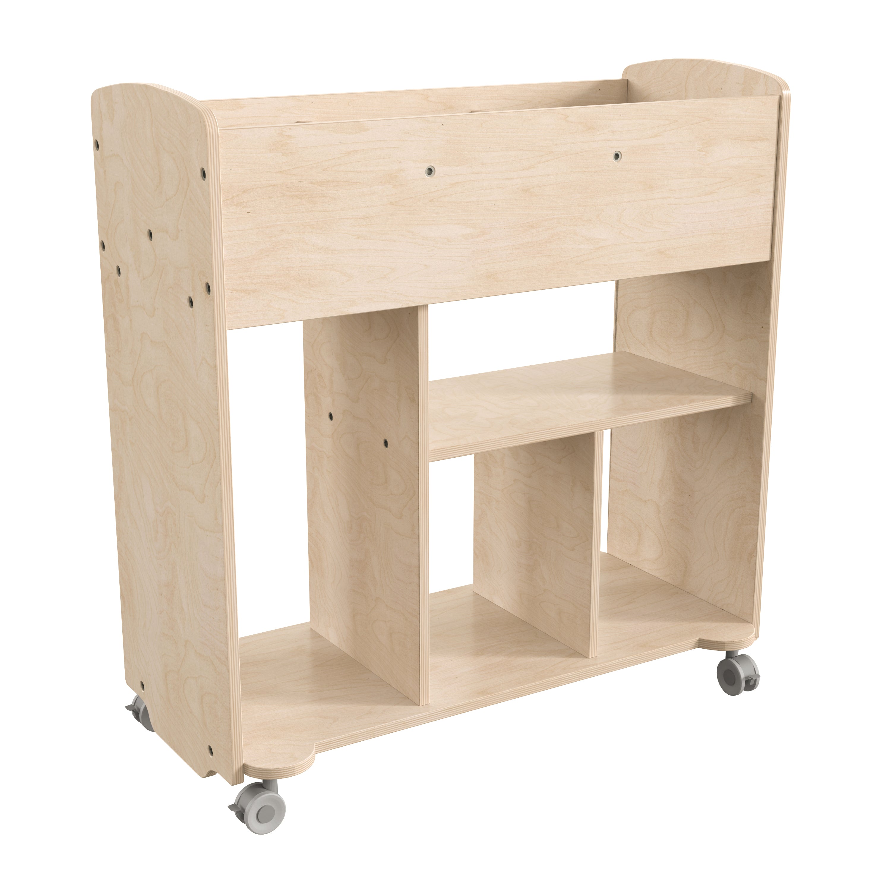 Bright Beginnings Commercial Grade Double Sided Space Saving Wooden Mobile Storage Cart with Locking Caster Wheels & 10 Storage Compartments, Natural