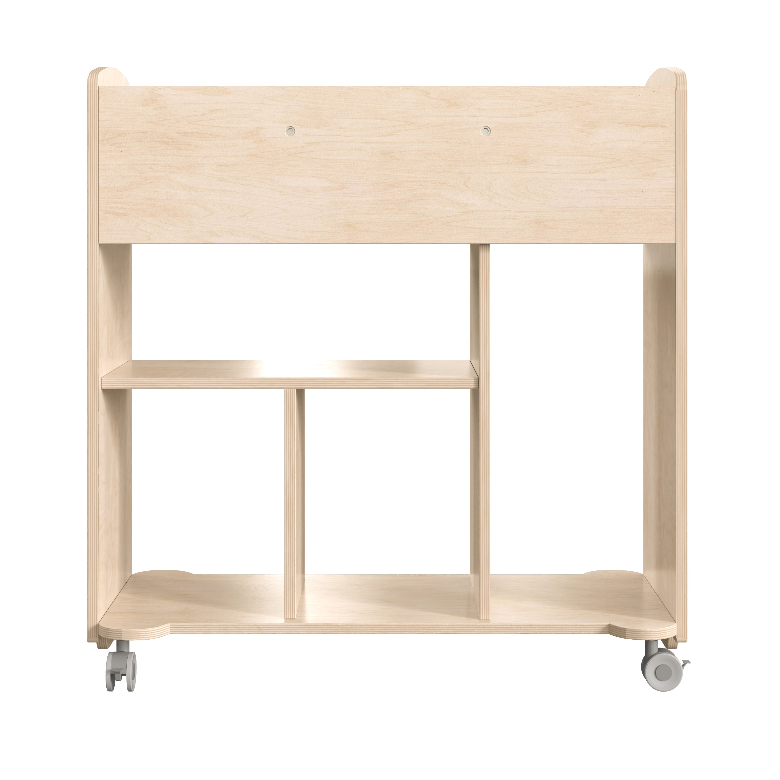 Bright Beginnings Commercial Grade Double Sided Space Saving Wooden Mobile Storage Cart with Locking Caster Wheels & 10 Storage Compartments, Natural