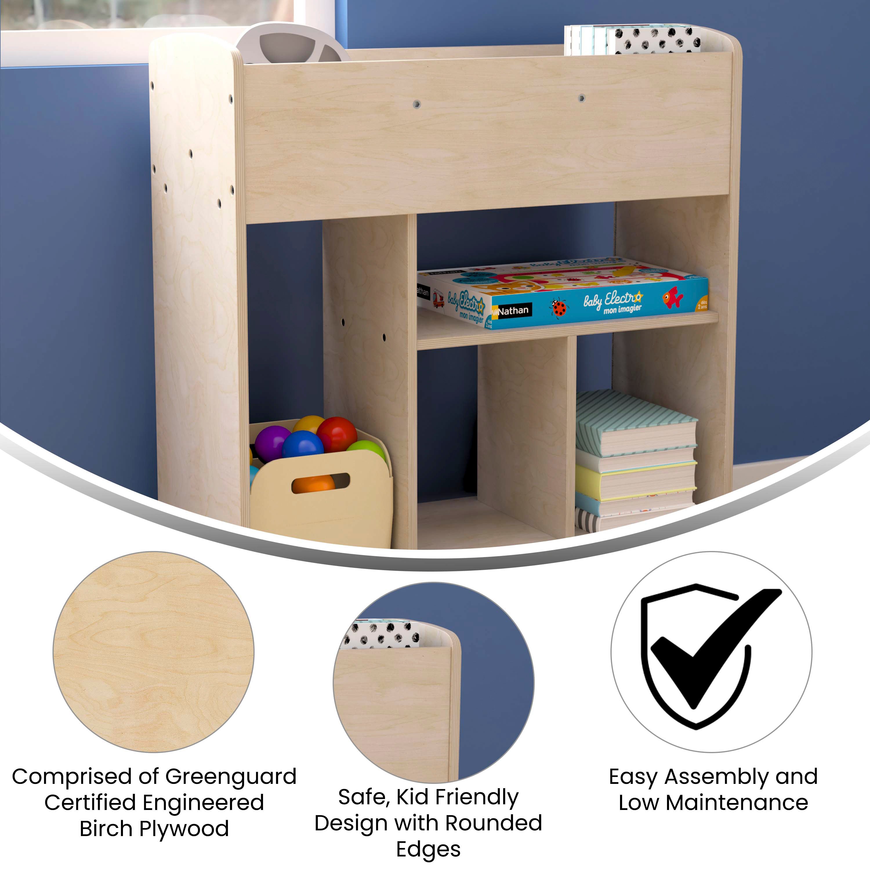 Bright Beginnings Commercial Grade Double Sided Space Saving Wooden Mobile Storage Cart with Locking Caster Wheels & 10 Storage Compartments, Natural