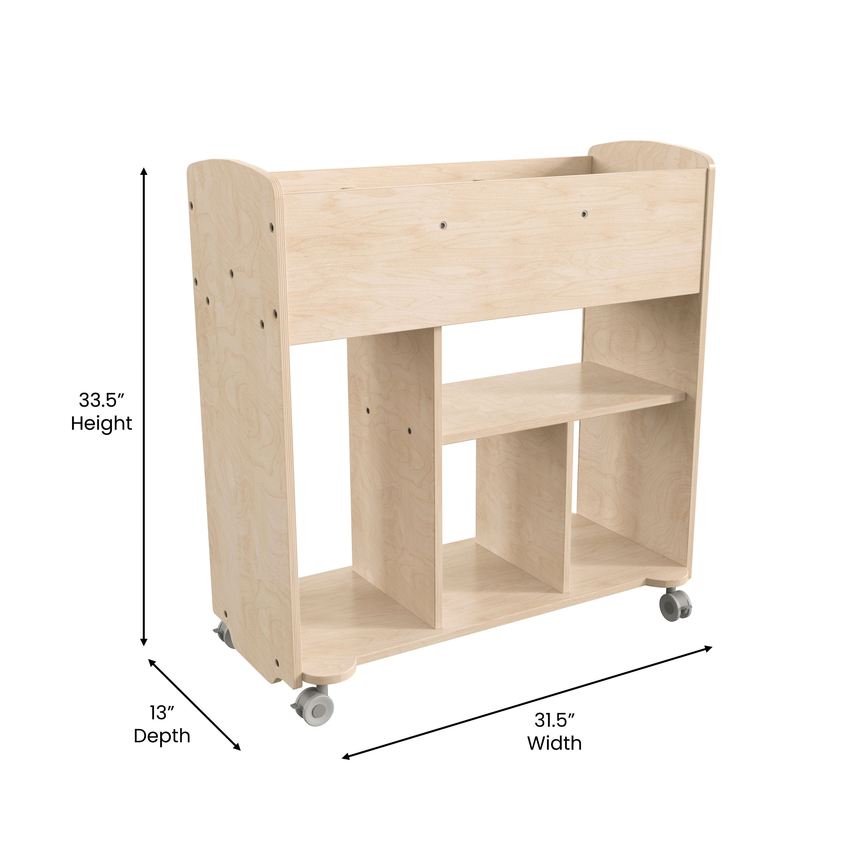 Bright Beginnings Commercial Grade Double Sided Space Saving Wooden Mobile Storage Cart with Locking Caster Wheels & 10 Storage Compartments, Natural