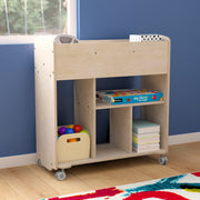Bright Beginnings Commercial Grade Double Sided Space Saving Wooden Mobile Storage Cart with Locking Caster Wheels & 10 Storage Compartments, Natural