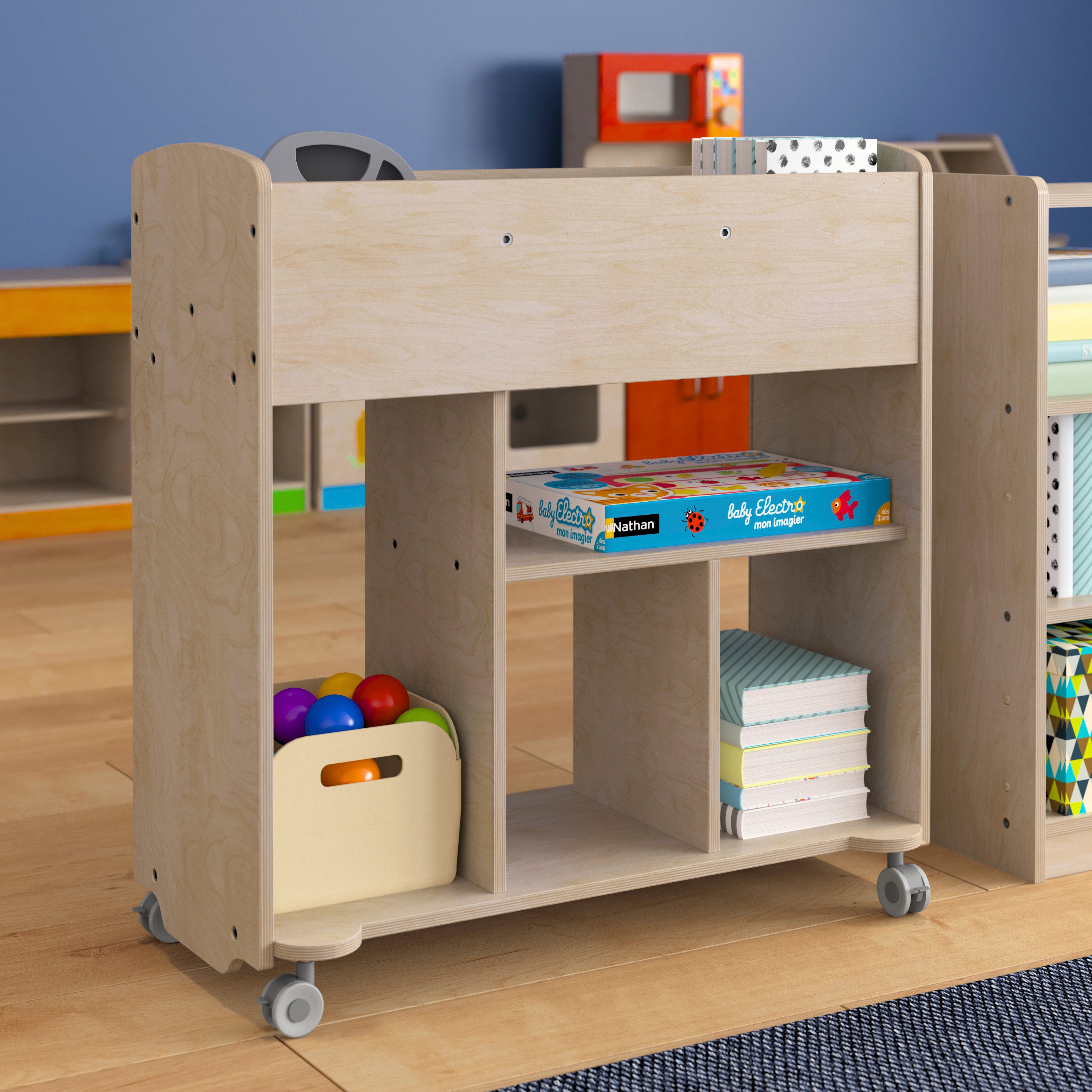 Bright Beginnings Commercial Grade Double Sided Space Saving Wooden Mobile Storage Cart with Locking Caster Wheels & 10 Storage Compartments, Natural