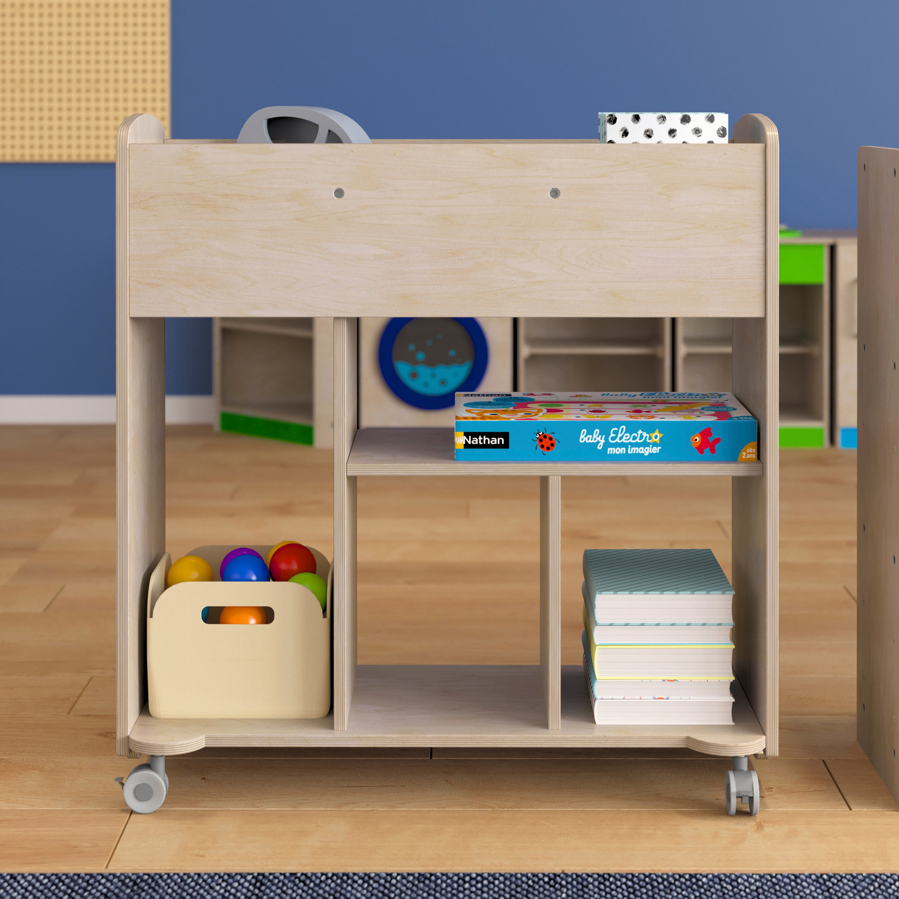 Bright Beginnings Commercial Grade Double Sided Space Saving Wooden Mobile Storage Cart with Locking Caster Wheels & 10 Storage Compartments, Natural