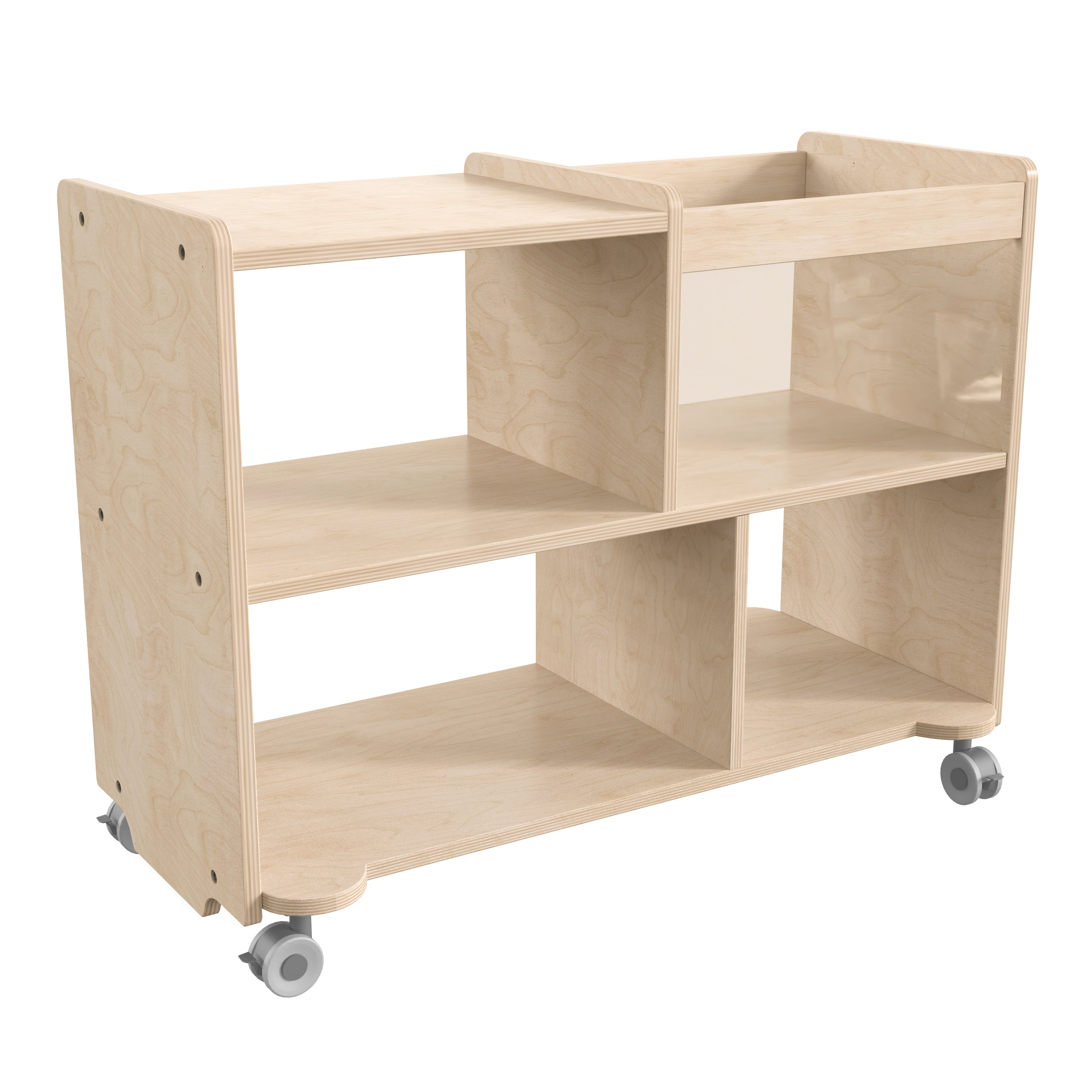 Bright Beginnings Commercial Double Sided Space Saving Wooden Mobile Storage Cart - Locking Casters, 4 Compartments, 1 Clear Bin, Lower Shelf, Natural