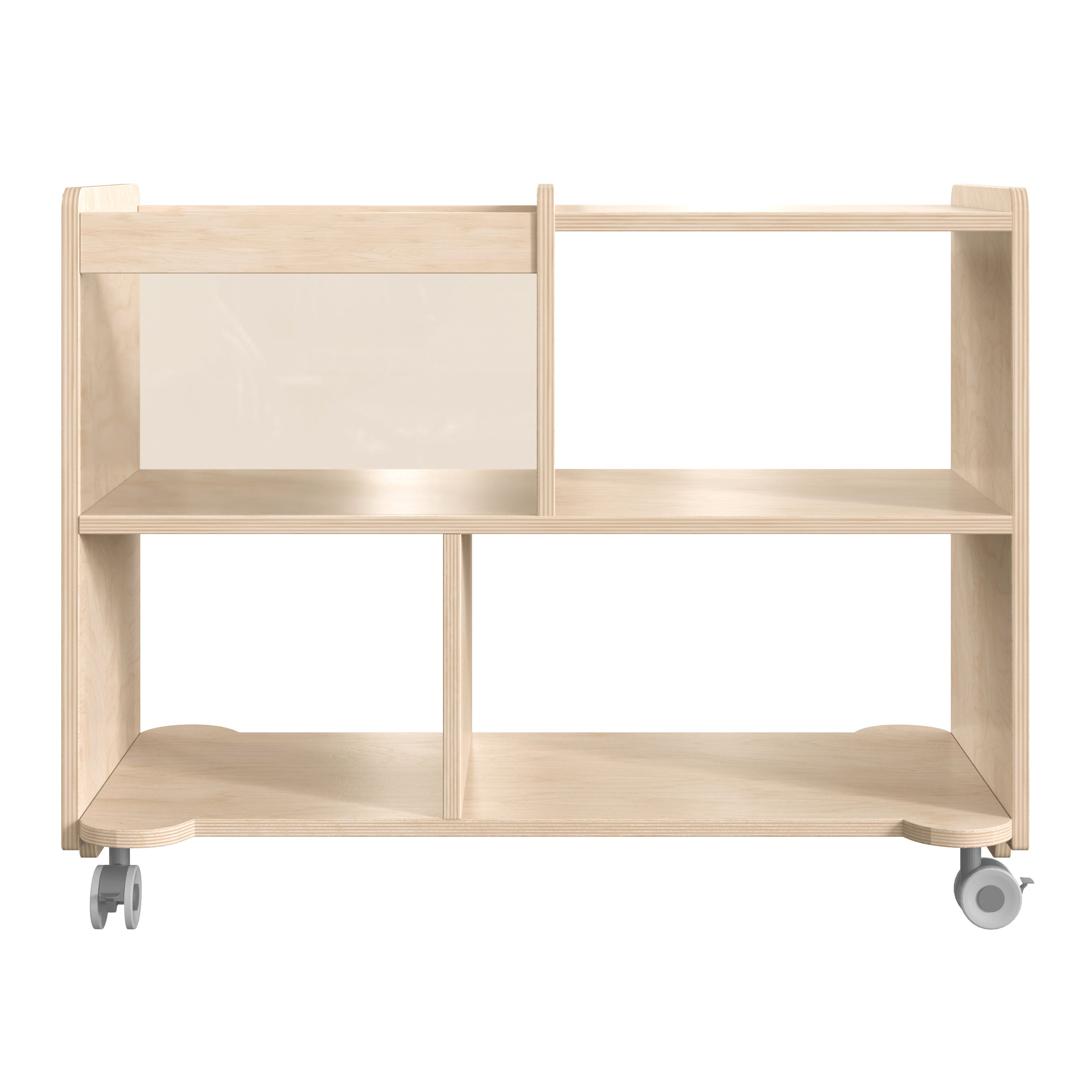 Bright Beginnings Commercial Double Sided Space Saving Wooden Mobile Storage Cart - Locking Casters, 4 Compartments, 1 Clear Bin, Lower Shelf, Natural