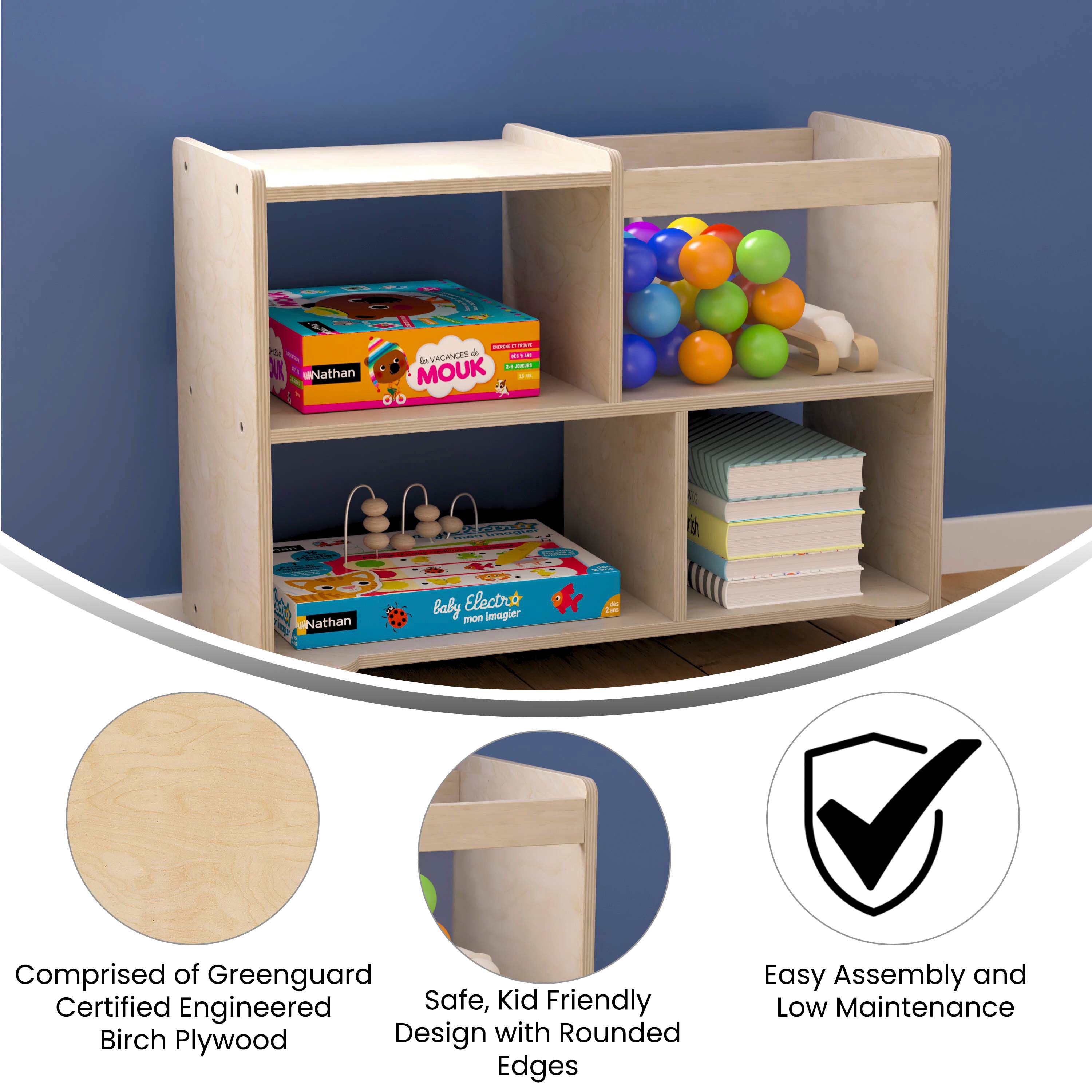Bright Beginnings Commercial Double Sided Space Saving Wooden Mobile Storage Cart - Locking Casters, 4 Compartments, 1 Clear Bin, Lower Shelf, Natural