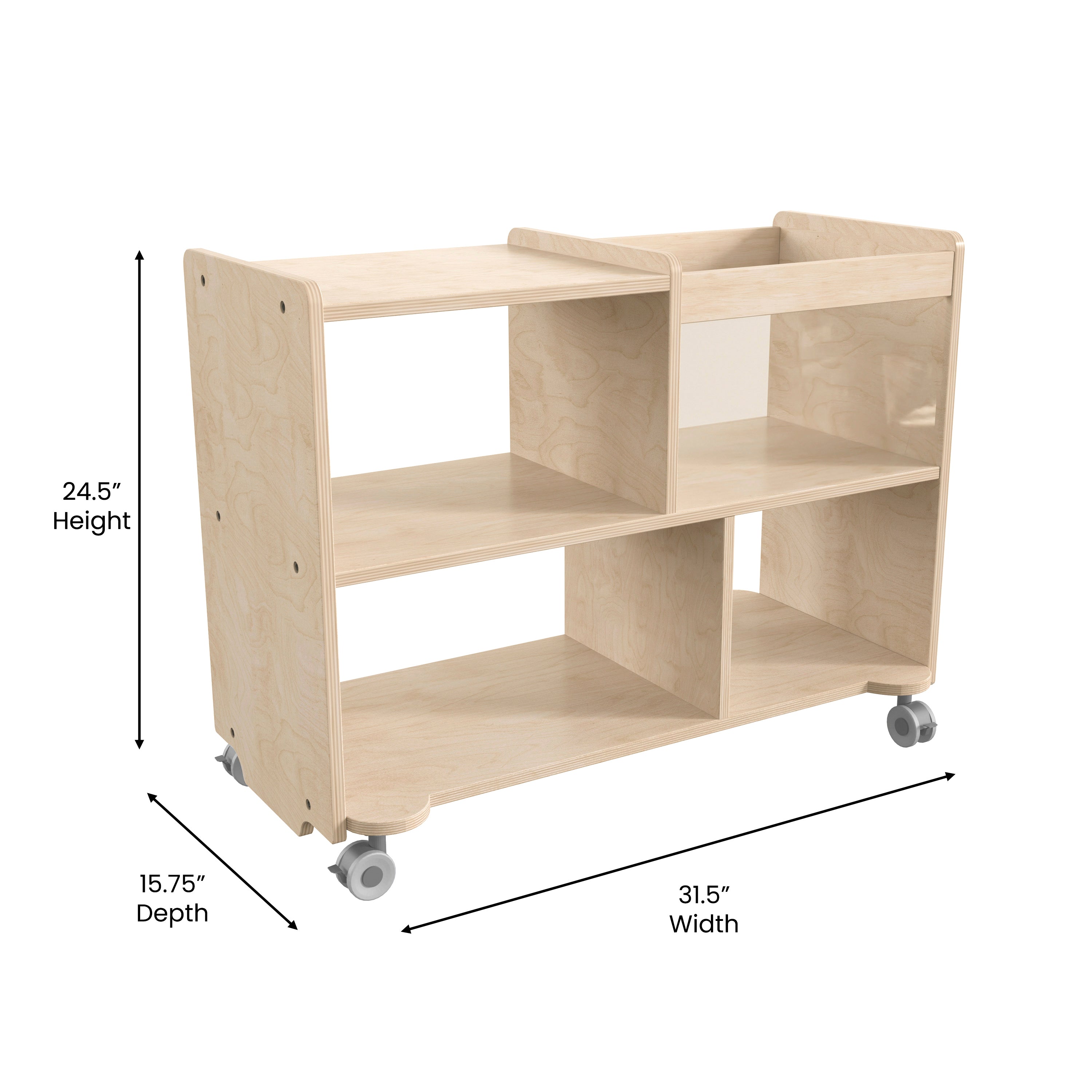 Bright Beginnings Commercial Double Sided Space Saving Wooden Mobile Storage Cart - Locking Casters, 4 Compartments, 1 Clear Bin, Lower Shelf, Natural