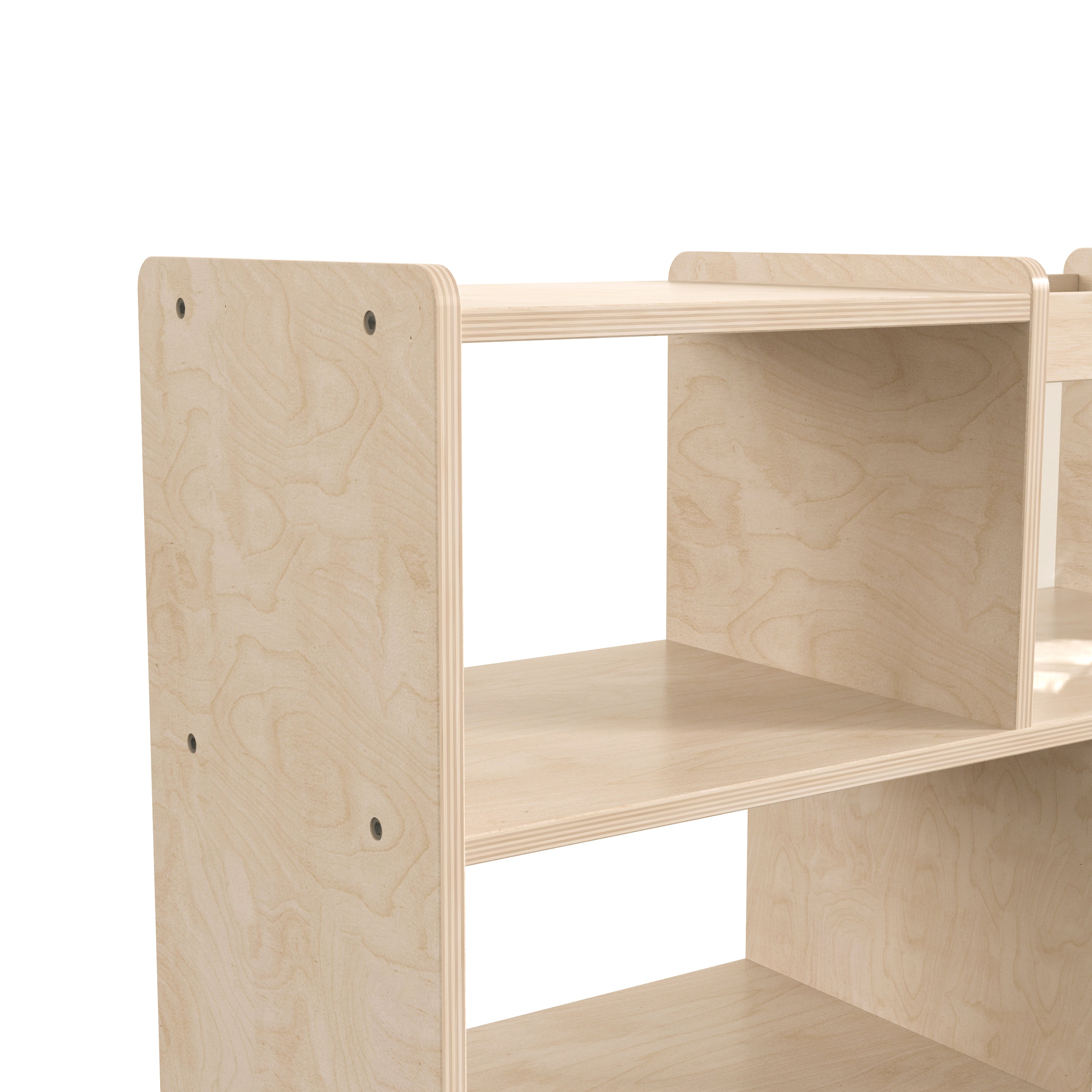 Bright Beginnings Commercial Double Sided Space Saving Wooden Mobile Storage Cart - Locking Casters, 4 Compartments, 1 Clear Bin, Lower Shelf, Natural