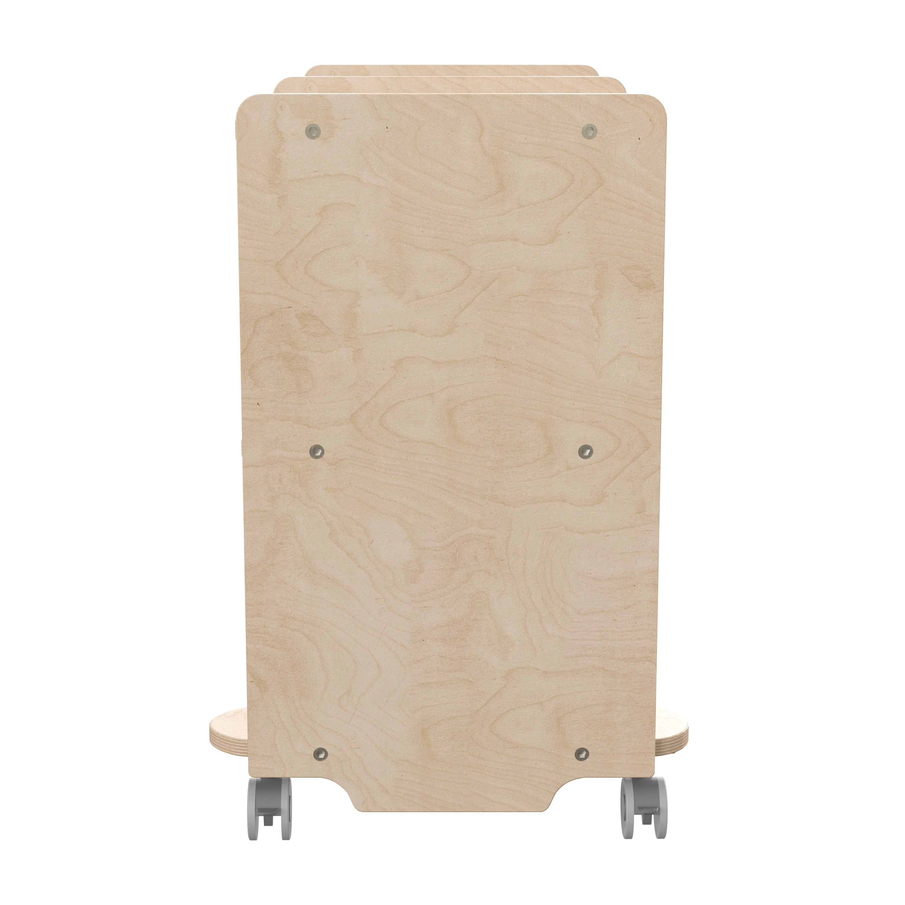 Bright Beginnings Commercial Double Sided Space Saving Wooden Mobile Storage Cart - Locking Casters, 4 Compartments, 1 Clear Bin, Lower Shelf, Natural