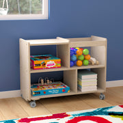 Bright Beginnings Commercial Double Sided Space Saving Wooden Mobile Storage Cart - Locking Casters, 4 Compartments, 1 Clear Bin, Lower Shelf, Natural