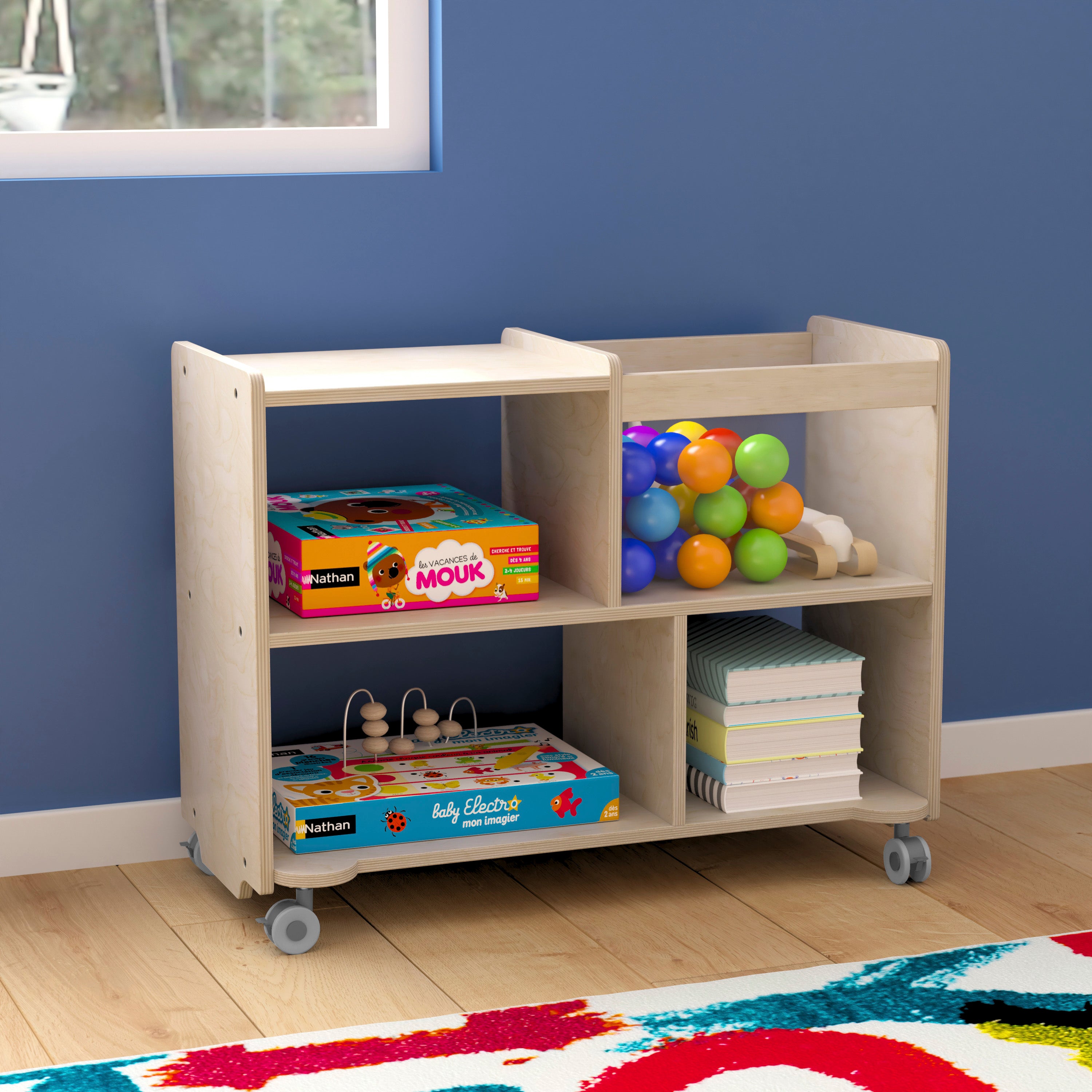 Bright Beginnings Commercial Double Sided Space Saving Wooden Mobile Storage Cart - Locking Casters, 4 Compartments, 1 Clear Bin, Lower Shelf, Natural