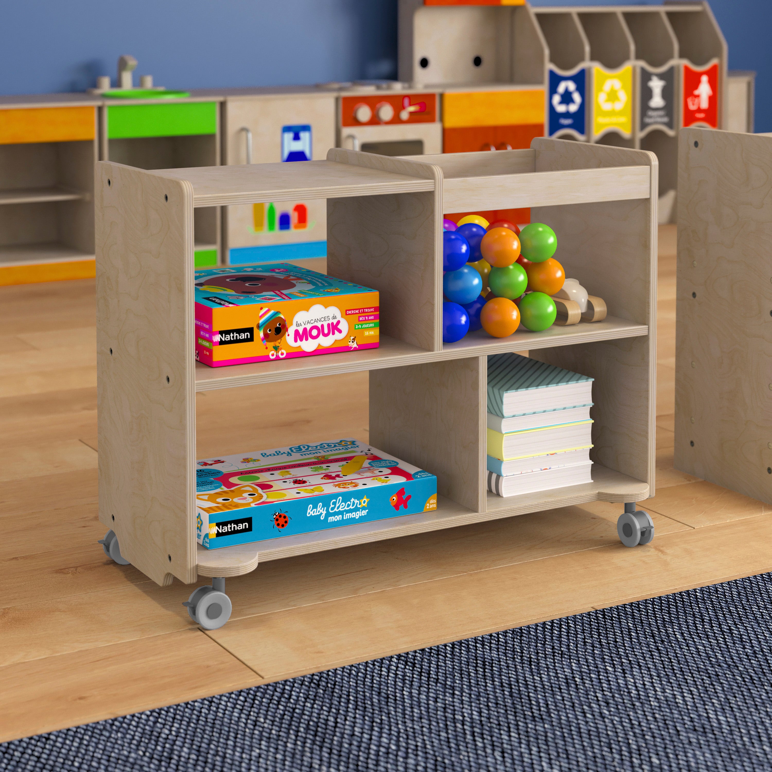 Bright Beginnings Commercial Double Sided Space Saving Wooden Mobile Storage Cart - Locking Casters, 4 Compartments, 1 Clear Bin, Lower Shelf, Natural