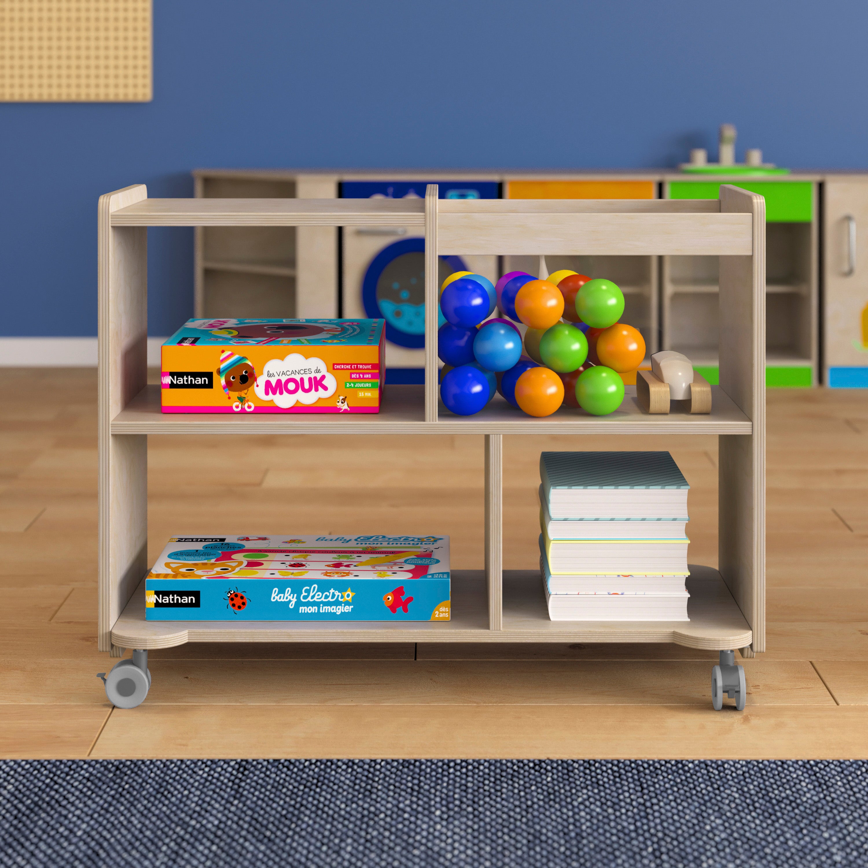 Bright Beginnings Commercial Double Sided Space Saving Wooden Mobile Storage Cart - Locking Casters, 4 Compartments, 1 Clear Bin, Lower Shelf, Natural