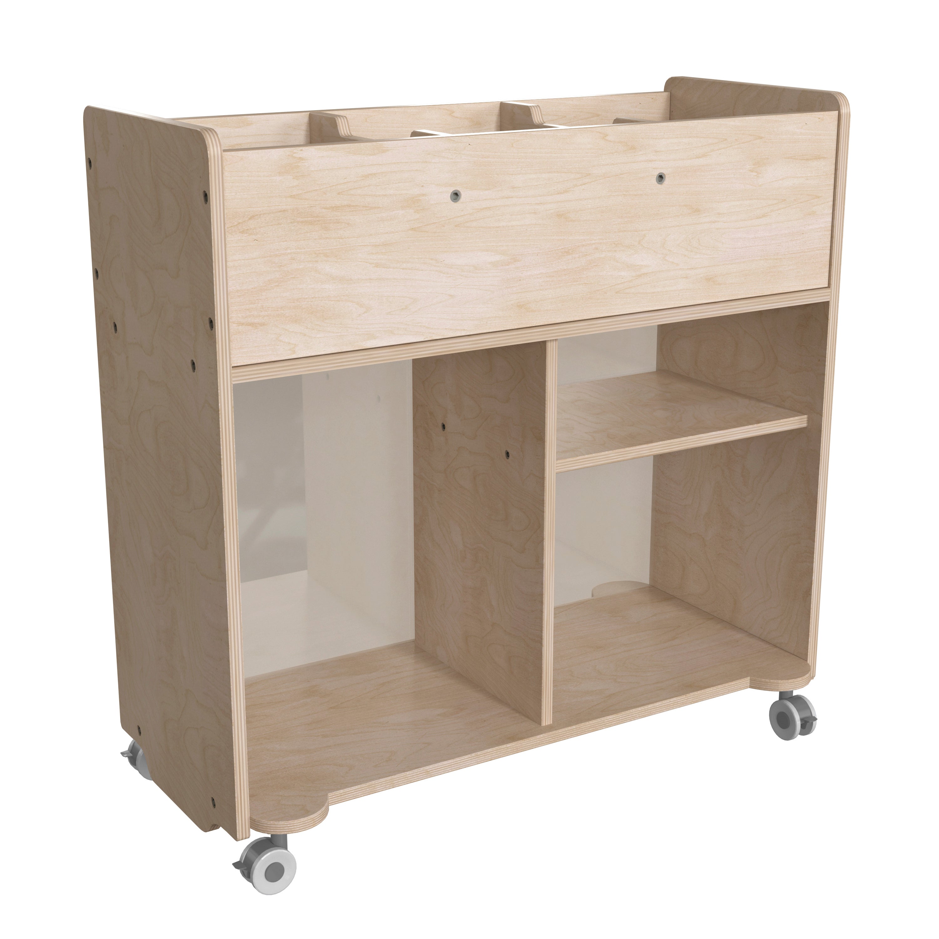 Bright Beginnings Commercial Double Sided Space Saving Wooden Mobile Storage Cart with Clear Back, Locking Casters and 6 Storage Compartments, Natural
