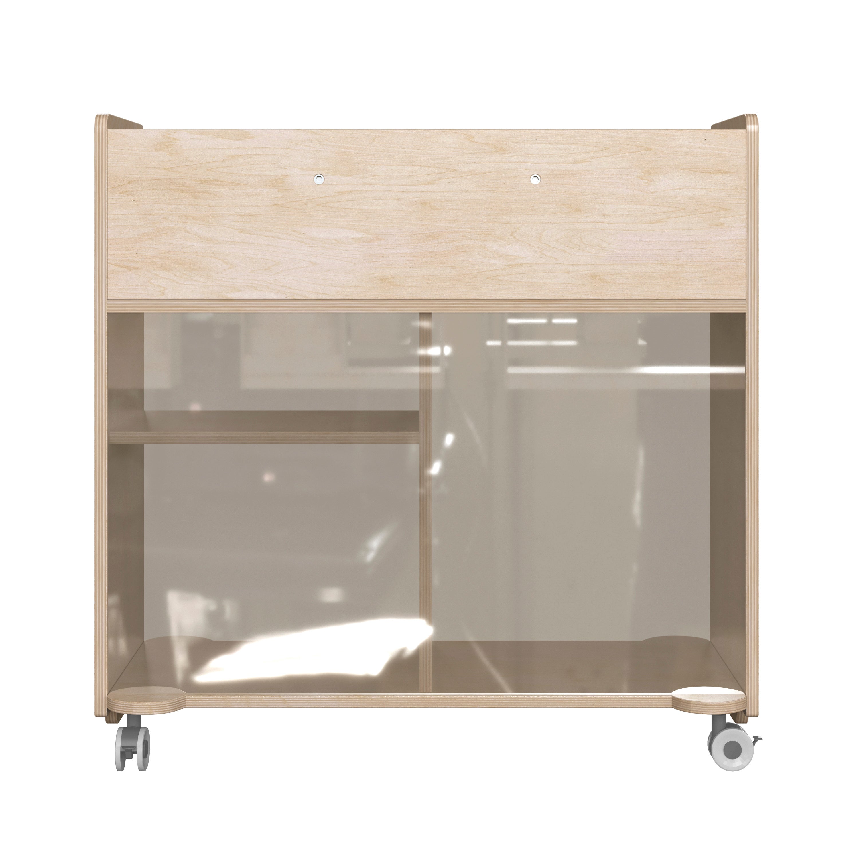 Bright Beginnings Commercial Double Sided Space Saving Wooden Mobile Storage Cart with Clear Back, Locking Casters and 6 Storage Compartments, Natural