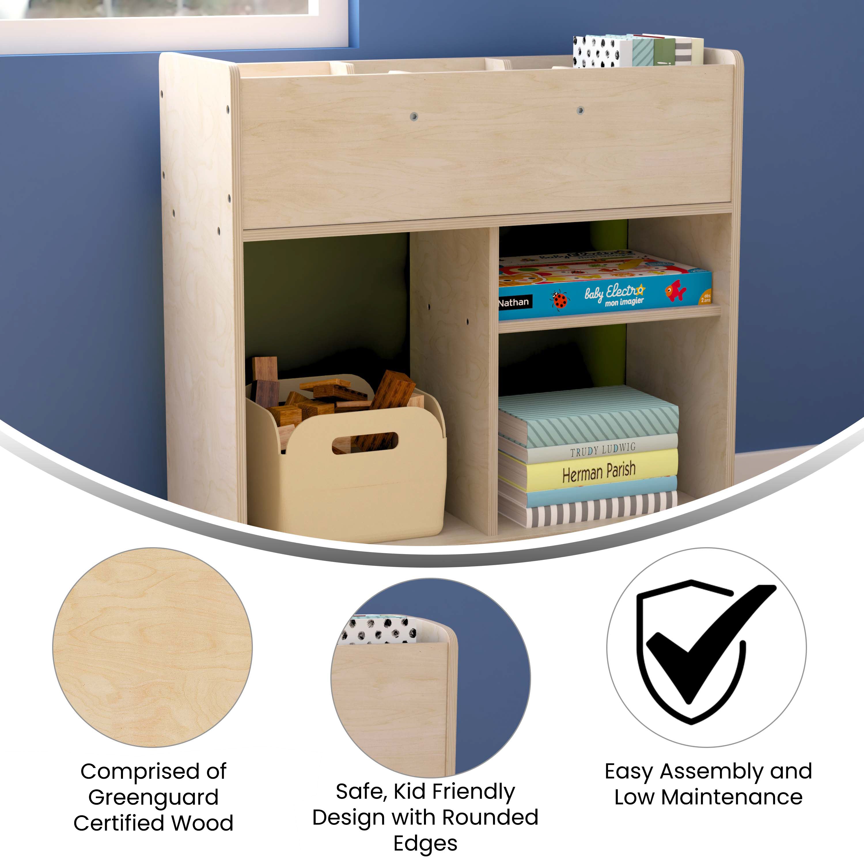 Bright Beginnings Commercial Double Sided Space Saving Wooden Mobile Storage Cart with Clear Back, Locking Casters and 6 Storage Compartments, Natural