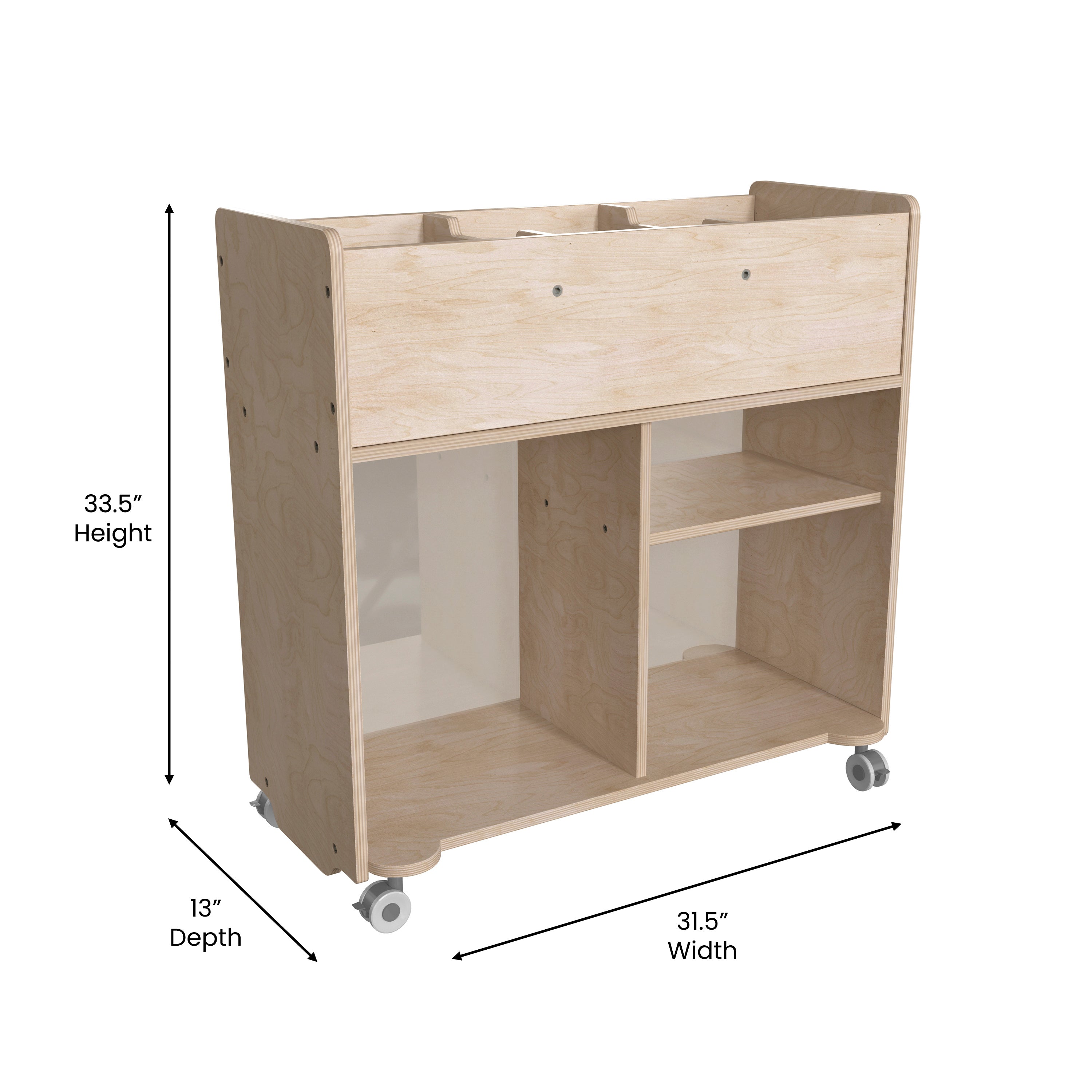 Bright Beginnings Commercial Double Sided Space Saving Wooden Mobile Storage Cart with Clear Back, Locking Casters and 6 Storage Compartments, Natural