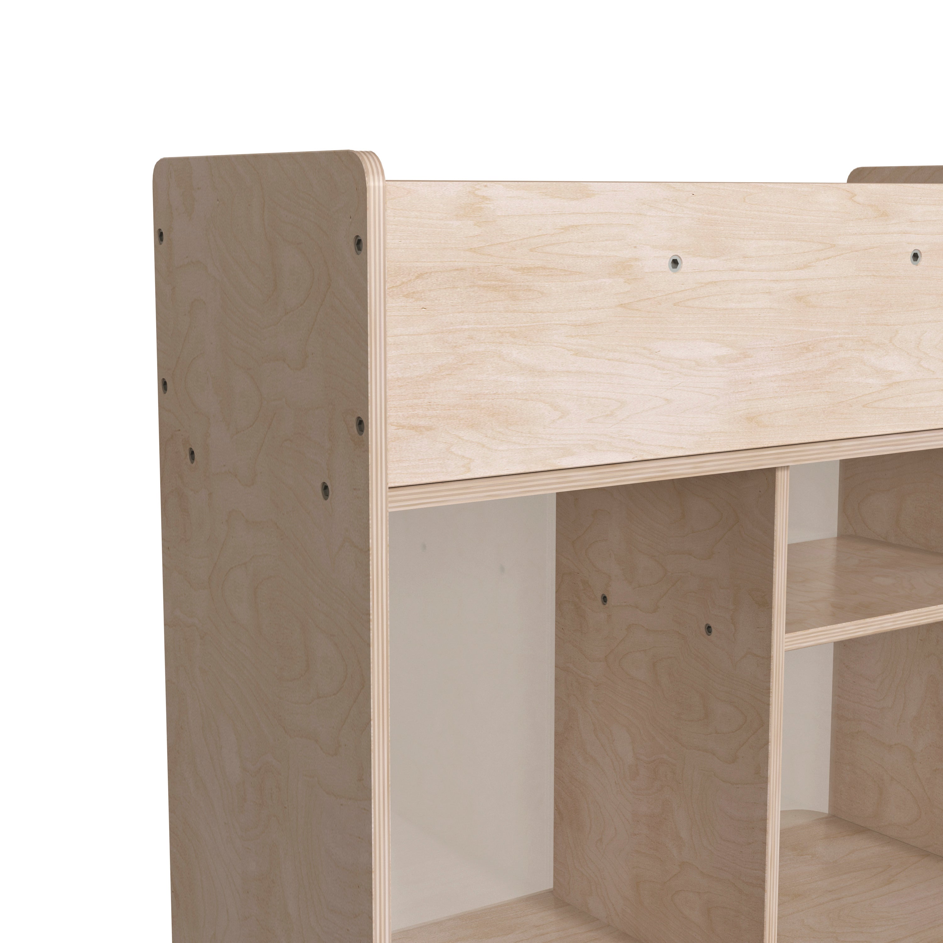 Bright Beginnings Commercial Double Sided Space Saving Wooden Mobile Storage Cart with Clear Back, Locking Casters and 6 Storage Compartments, Natural