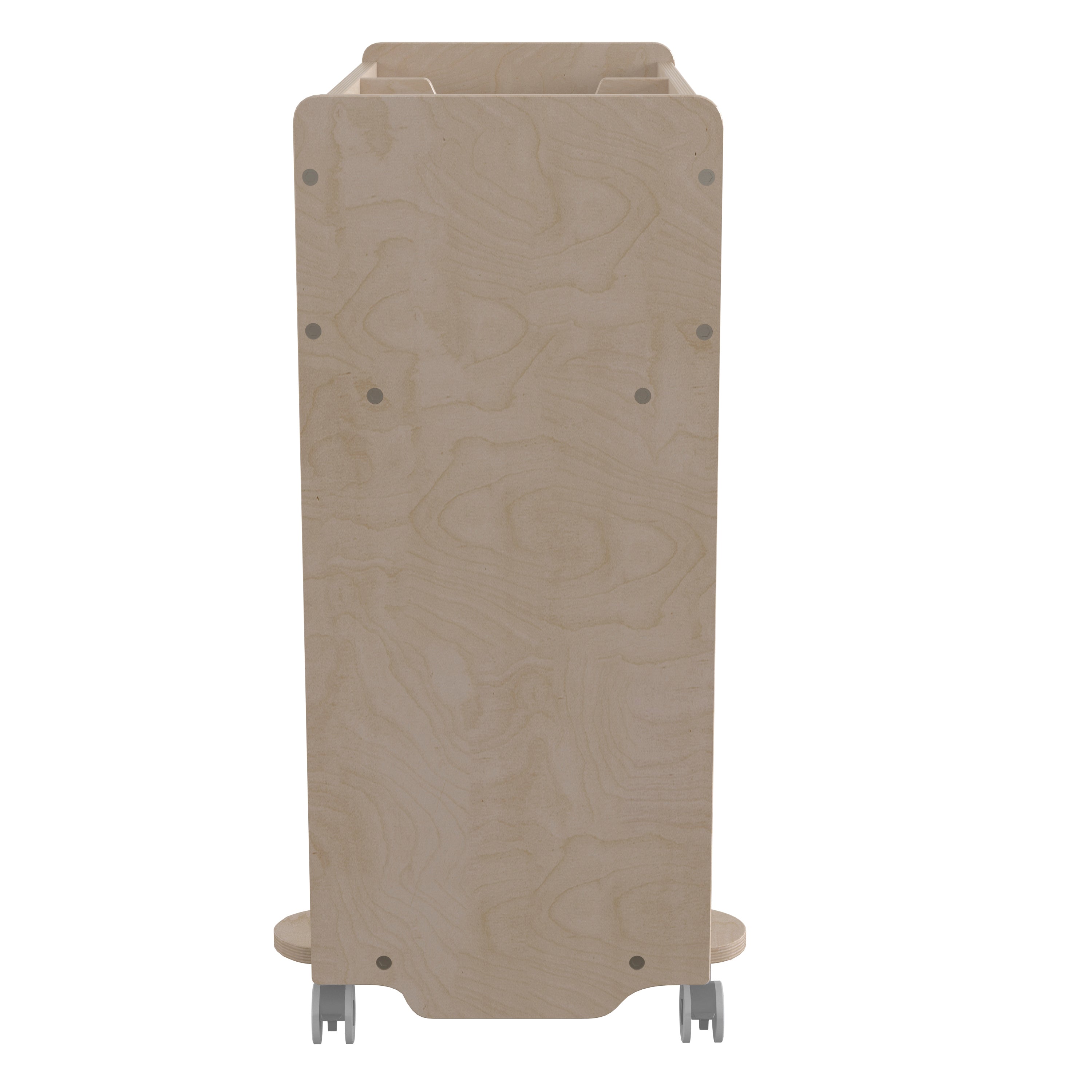 Bright Beginnings Commercial Double Sided Space Saving Wooden Mobile Storage Cart with Clear Back, Locking Casters and 6 Storage Compartments, Natural
