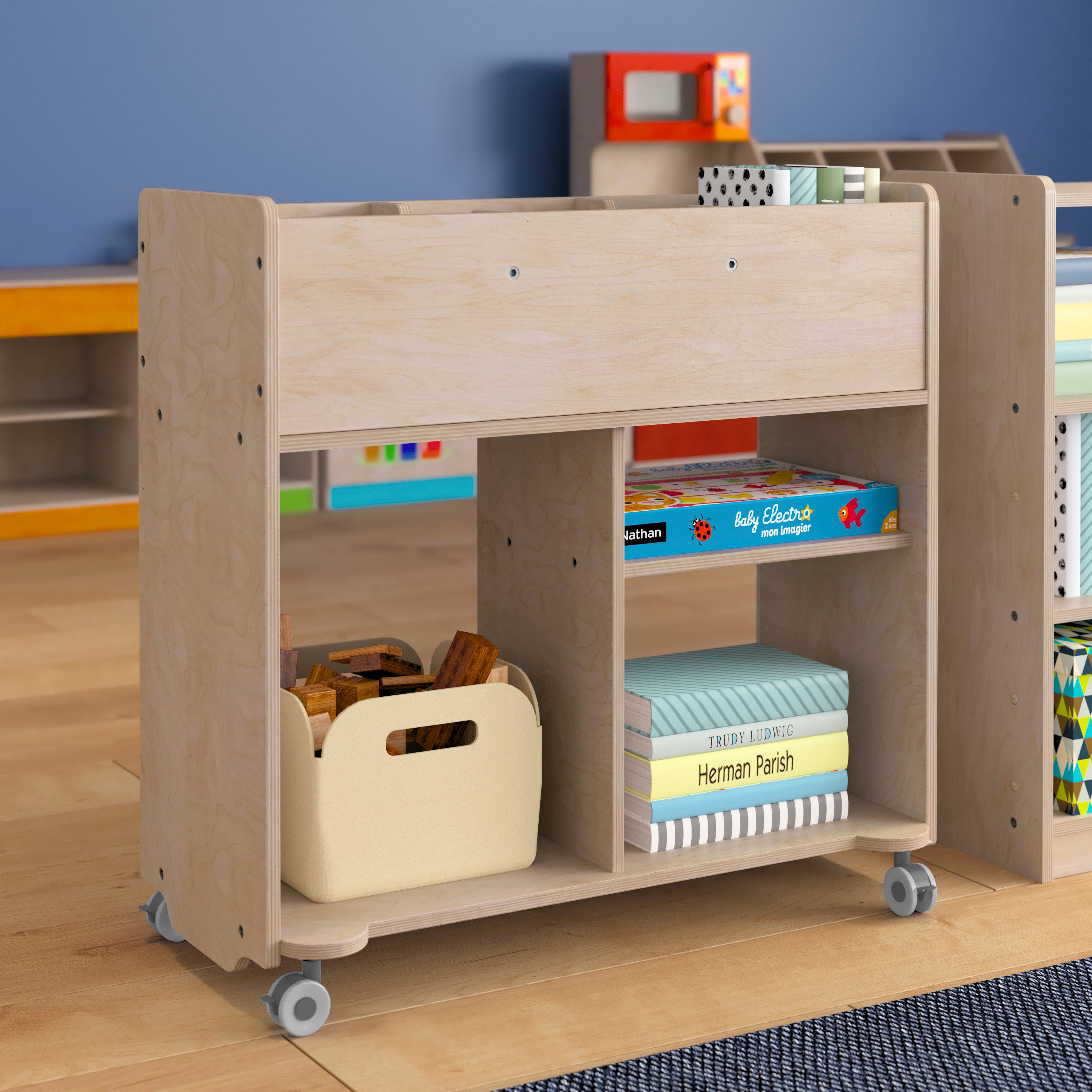 Bright Beginnings Commercial Double Sided Space Saving Wooden Mobile Storage Cart with Clear Back, Locking Casters and 6 Storage Compartments, Natural