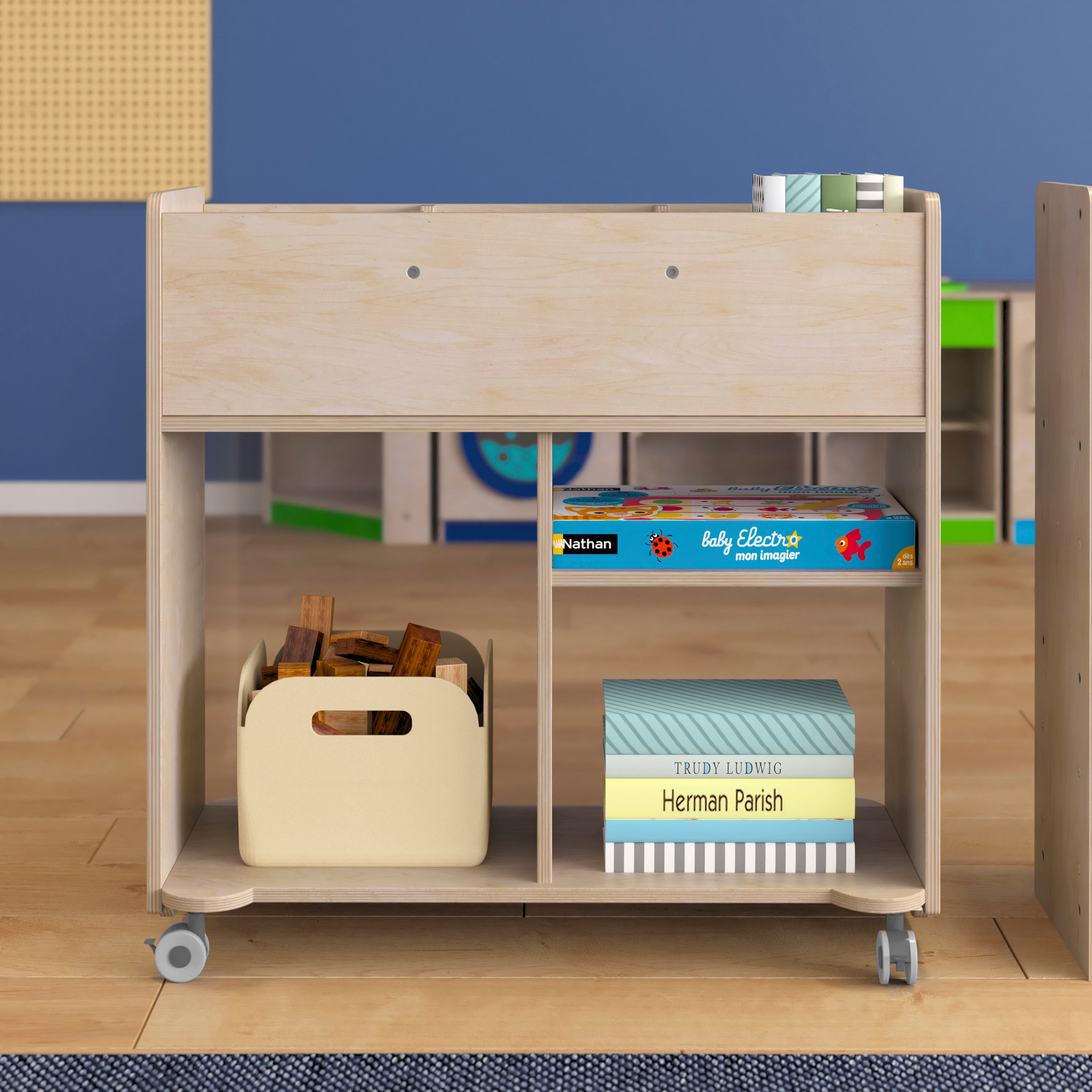 Bright Beginnings Commercial Double Sided Space Saving Wooden Mobile Storage Cart with Clear Back, Locking Casters and 6 Storage Compartments, Natural