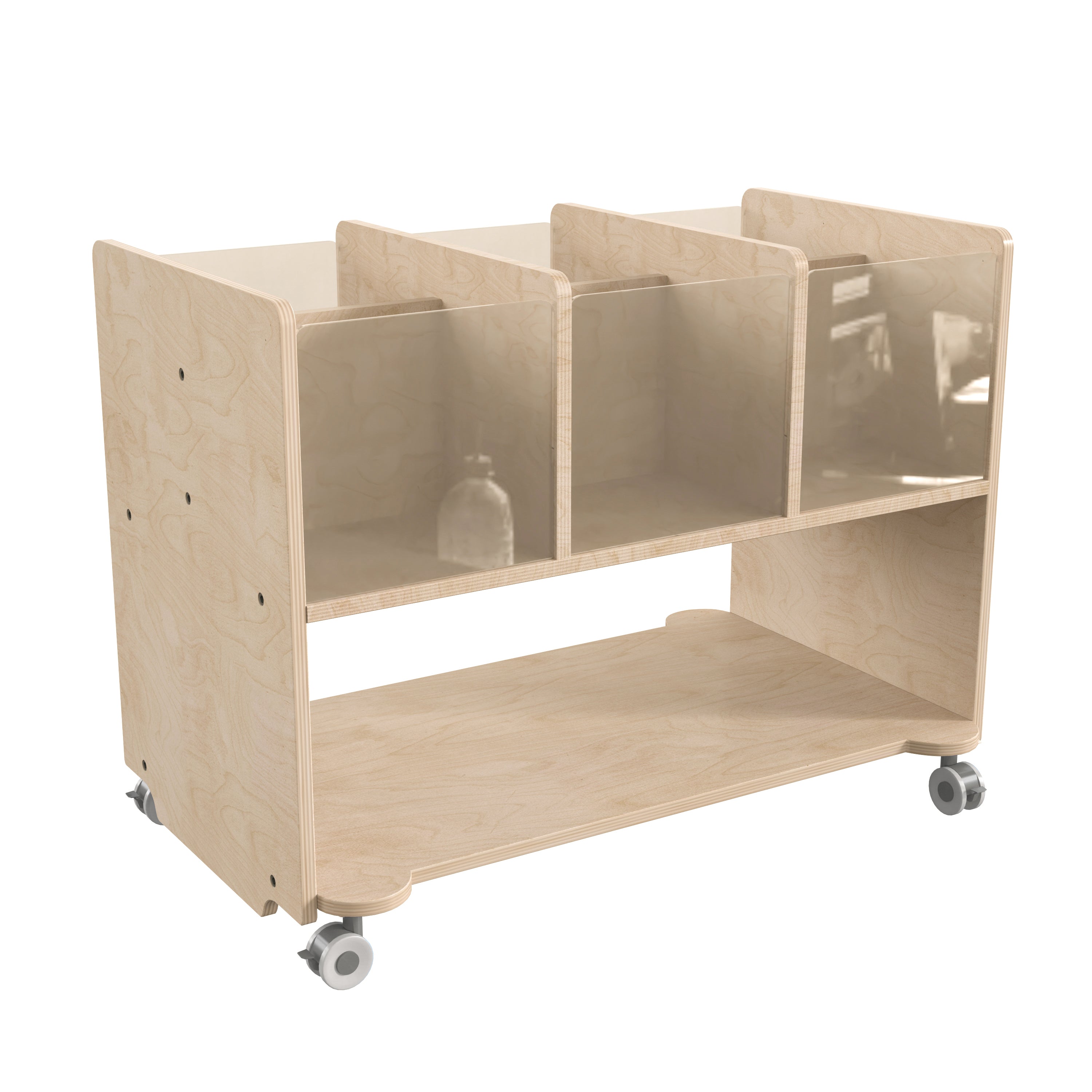 Bright Beginnings Commercial Double Sided Space Saving Wooden Mobile Storage Cart - Locking Caster Wheels, 6 Clear Storage Bins, Lower Shelf, Natural