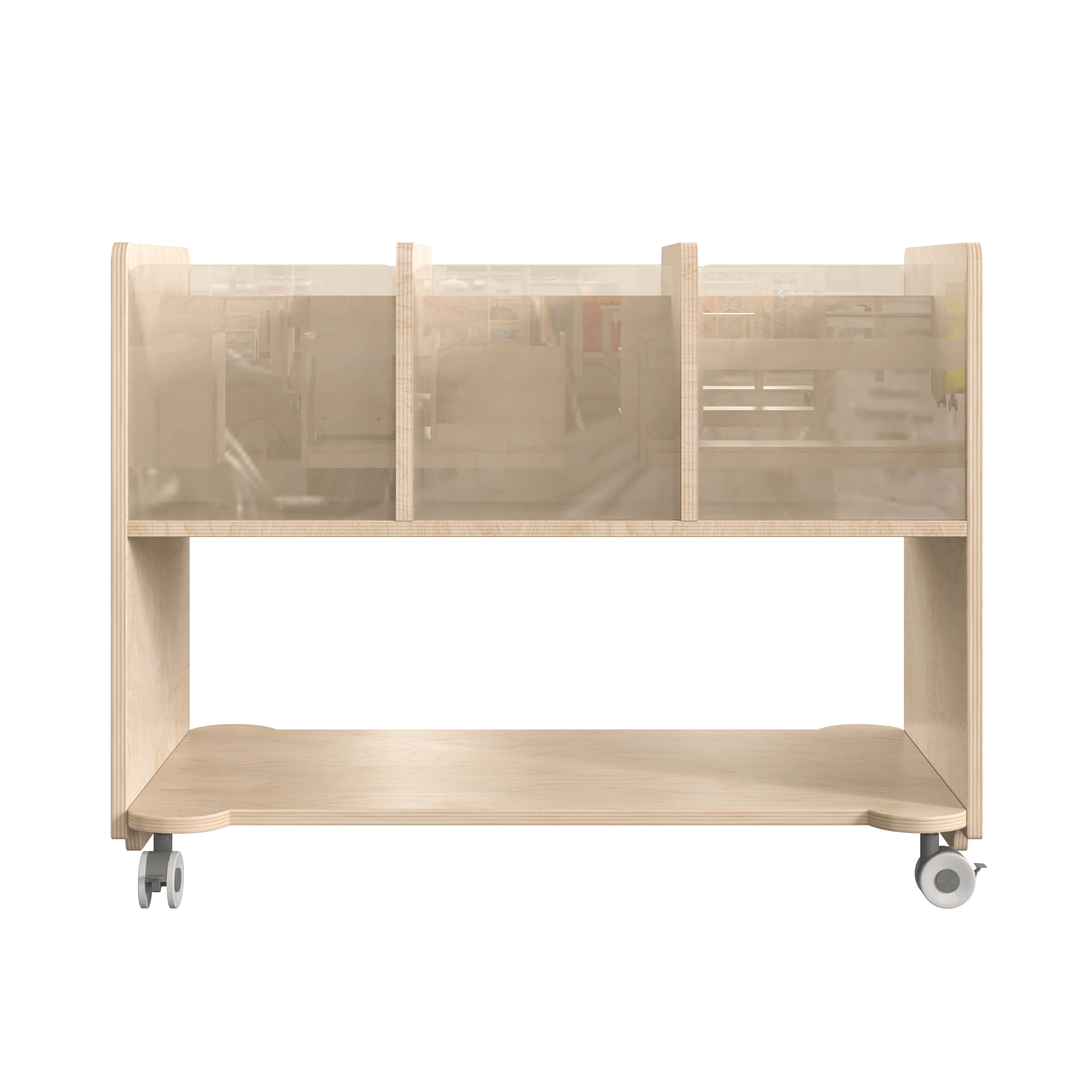 Bright Beginnings Commercial Double Sided Space Saving Wooden Mobile Storage Cart - Locking Caster Wheels, 6 Clear Storage Bins, Lower Shelf, Natural