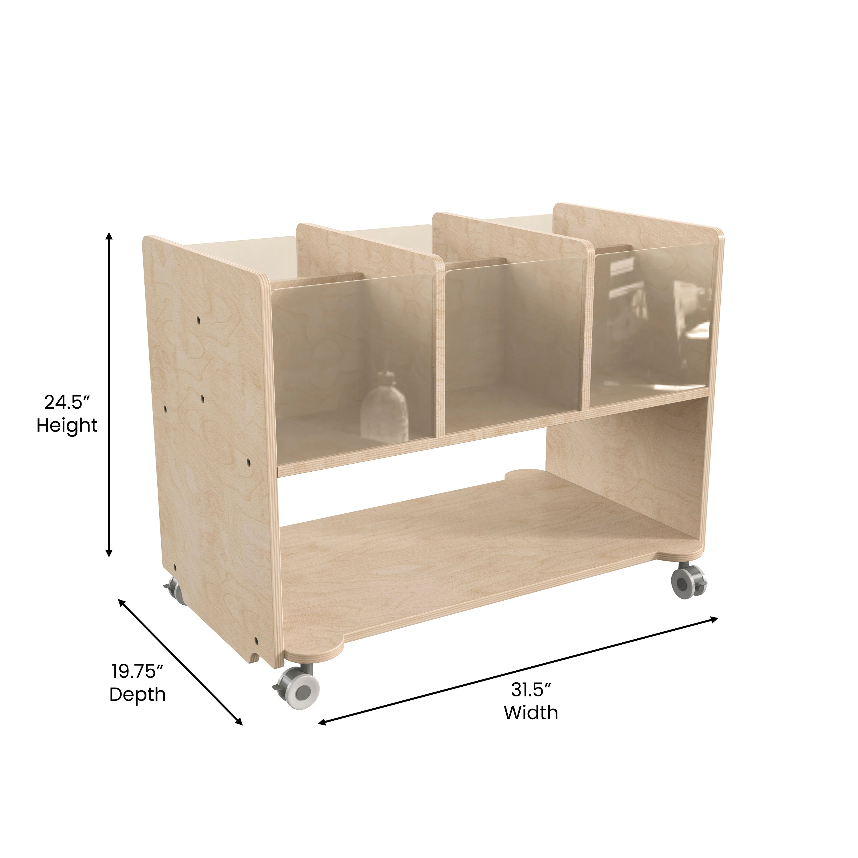 Bright Beginnings Commercial Double Sided Space Saving Wooden Mobile Storage Cart - Locking Caster Wheels, 6 Clear Storage Bins, Lower Shelf, Natural