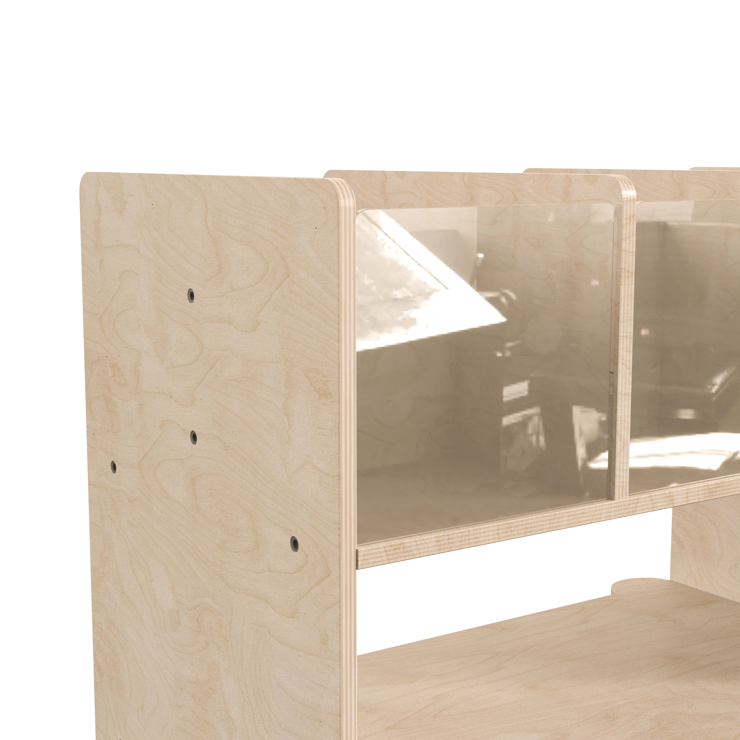 Bright Beginnings Commercial Double Sided Space Saving Wooden Mobile Storage Cart - Locking Caster Wheels, 6 Clear Storage Bins, Lower Shelf, Natural