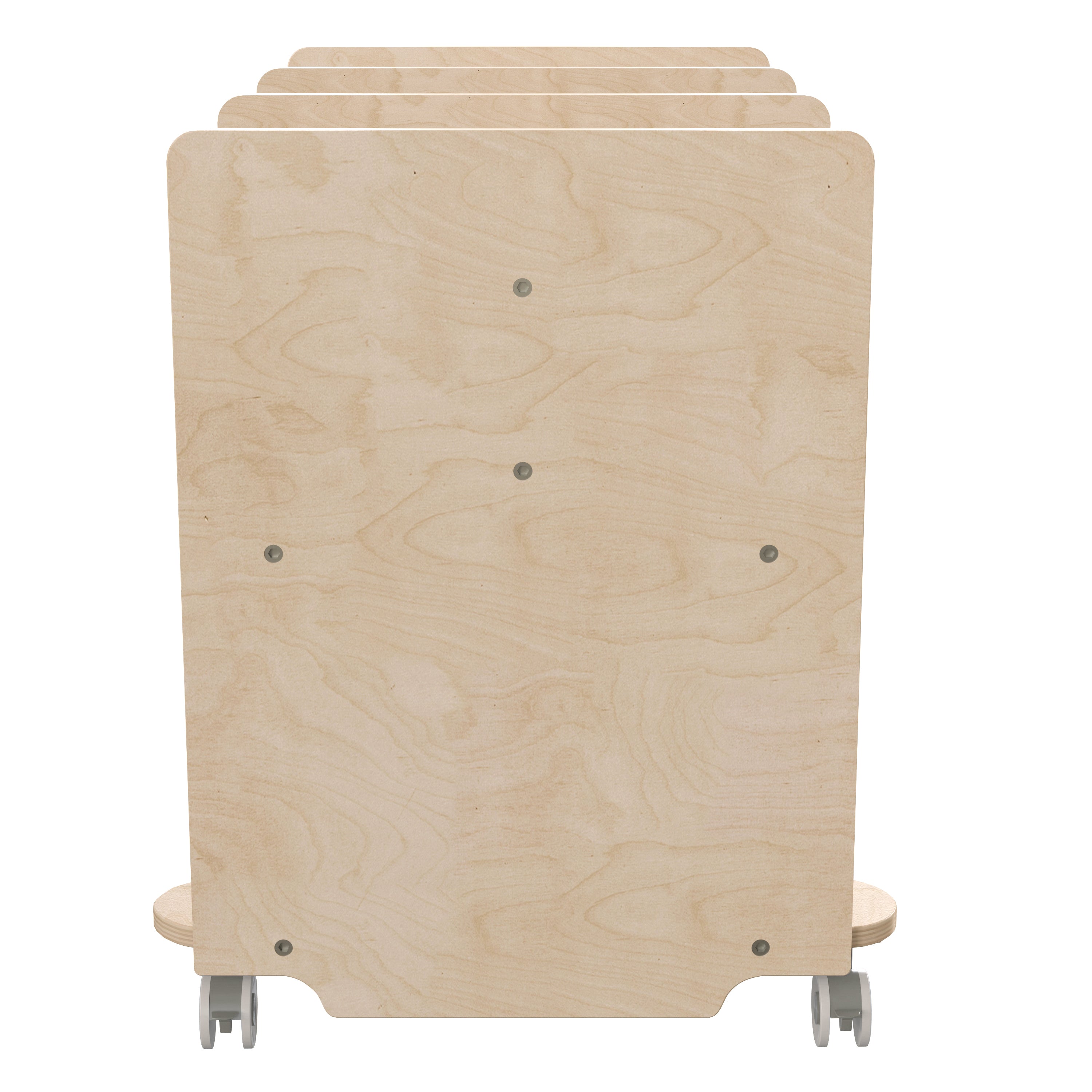 Bright Beginnings Commercial Double Sided Space Saving Wooden Mobile Storage Cart - Locking Caster Wheels, 6 Clear Storage Bins, Lower Shelf, Natural