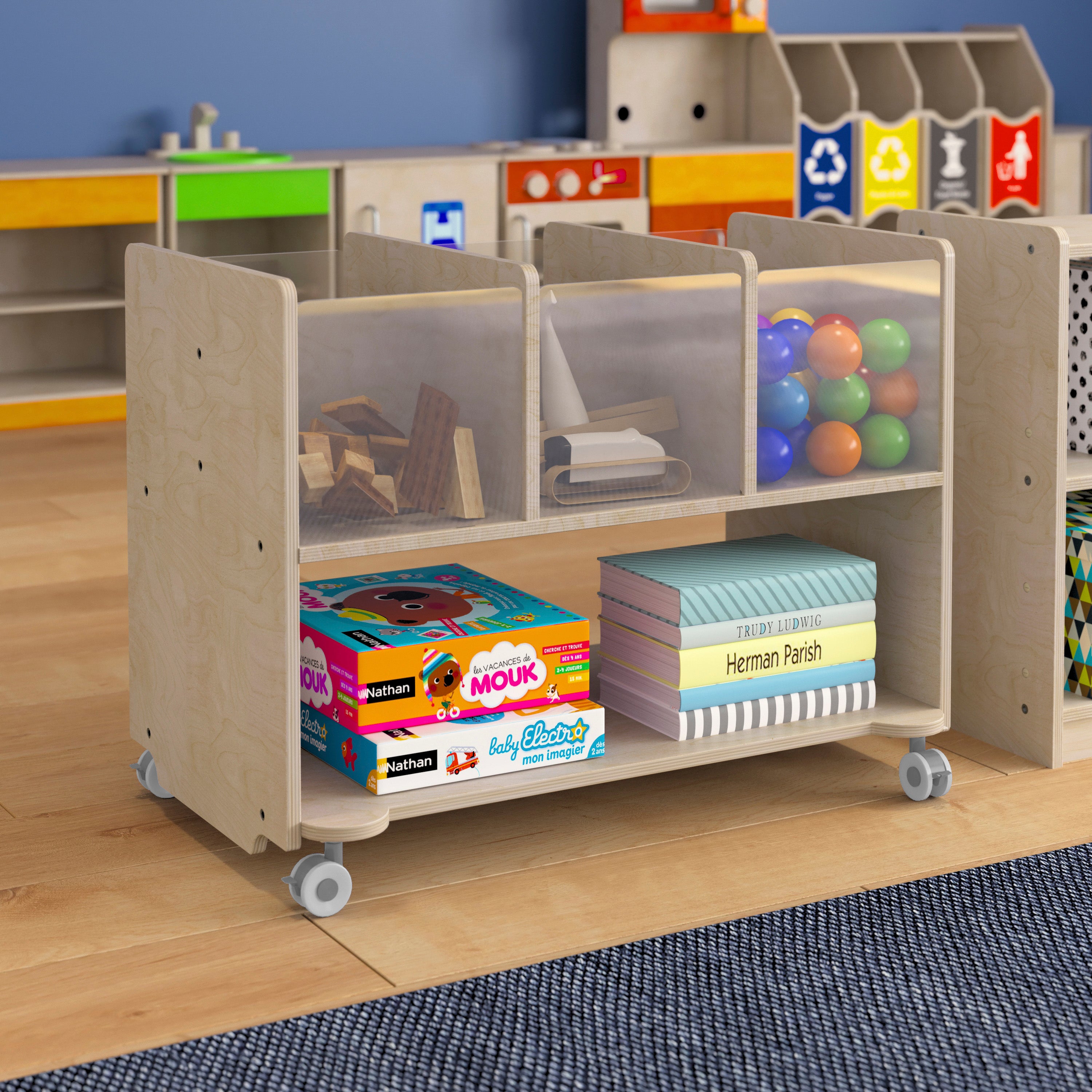 Bright Beginnings Commercial Double Sided Space Saving Wooden Mobile Storage Cart - Locking Caster Wheels, 6 Clear Storage Bins, Lower Shelf, Natural