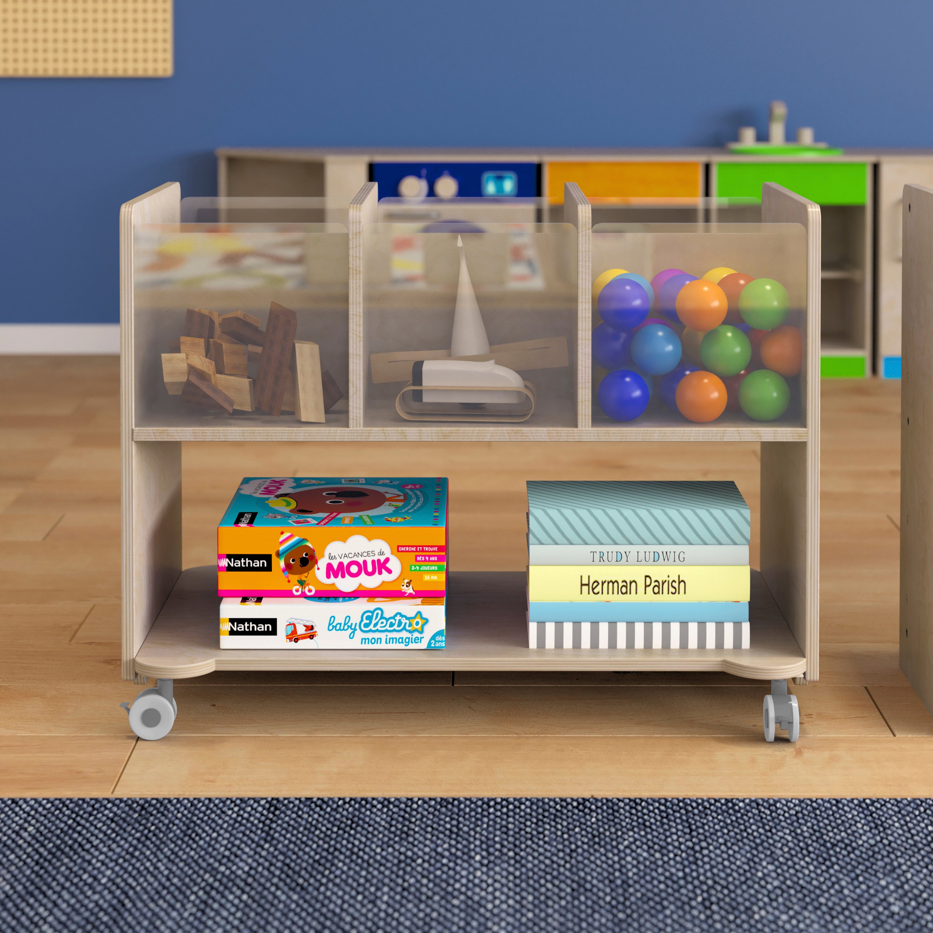 Bright Beginnings Commercial Double Sided Space Saving Wooden Mobile Storage Cart - Locking Caster Wheels, 6 Clear Storage Bins, Lower Shelf, Natural