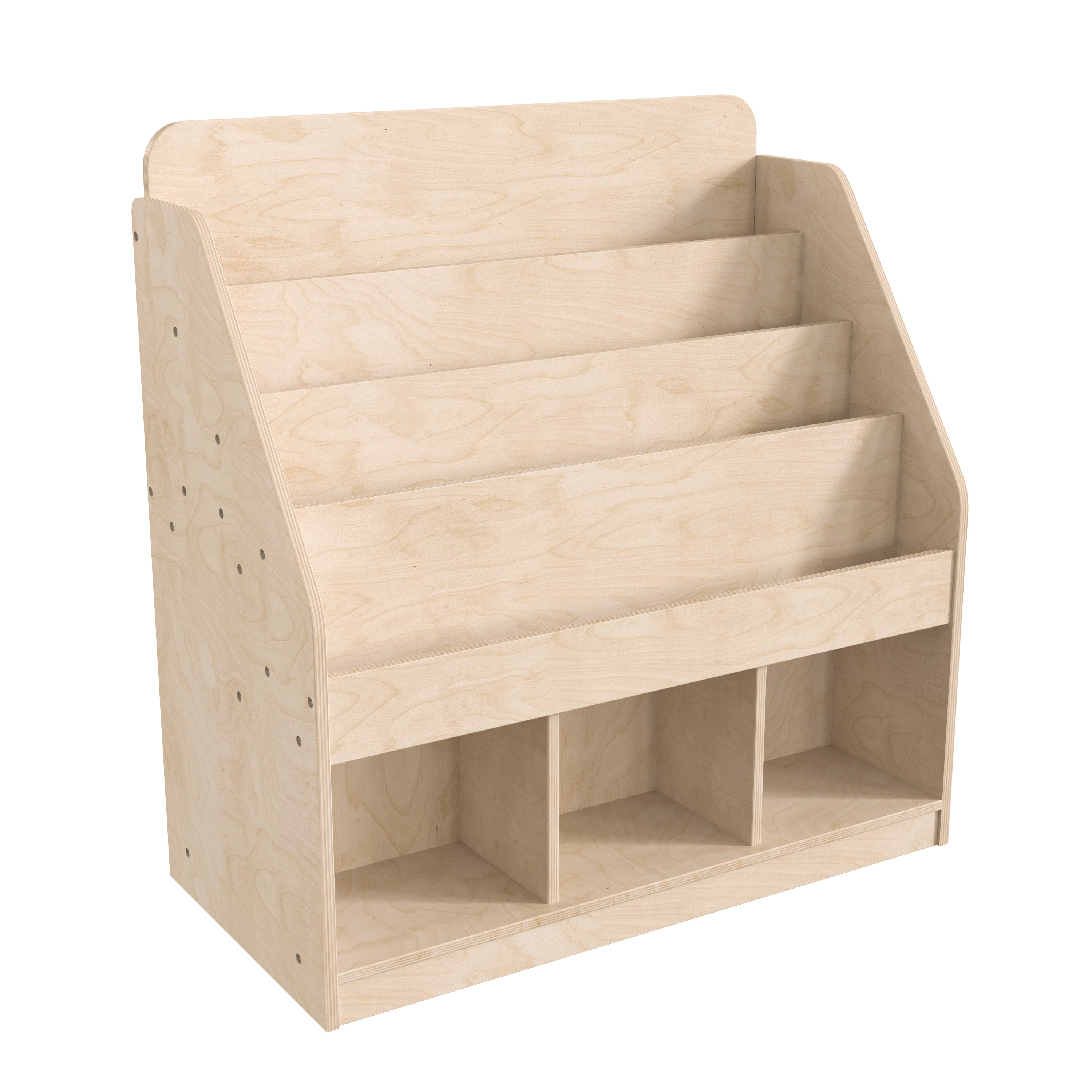 Bright Beginnings Commercial Grade Modular Wooden Classroom 4 Tier Bookstand with 3 Storage Compartments, Natural