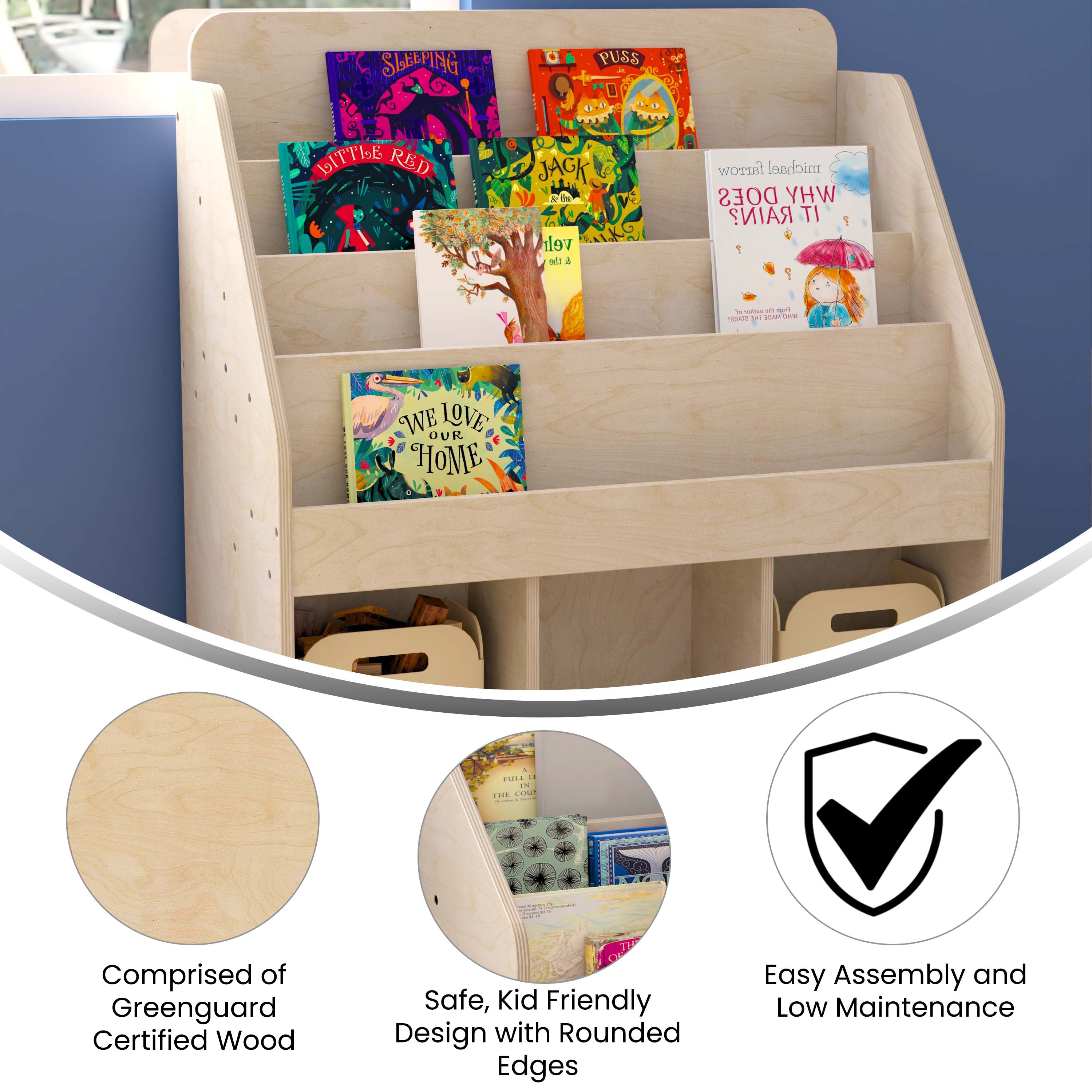 Bright Beginnings Commercial Grade Modular Wooden Classroom 4 Tier Bookstand with 3 Storage Compartments, Natural