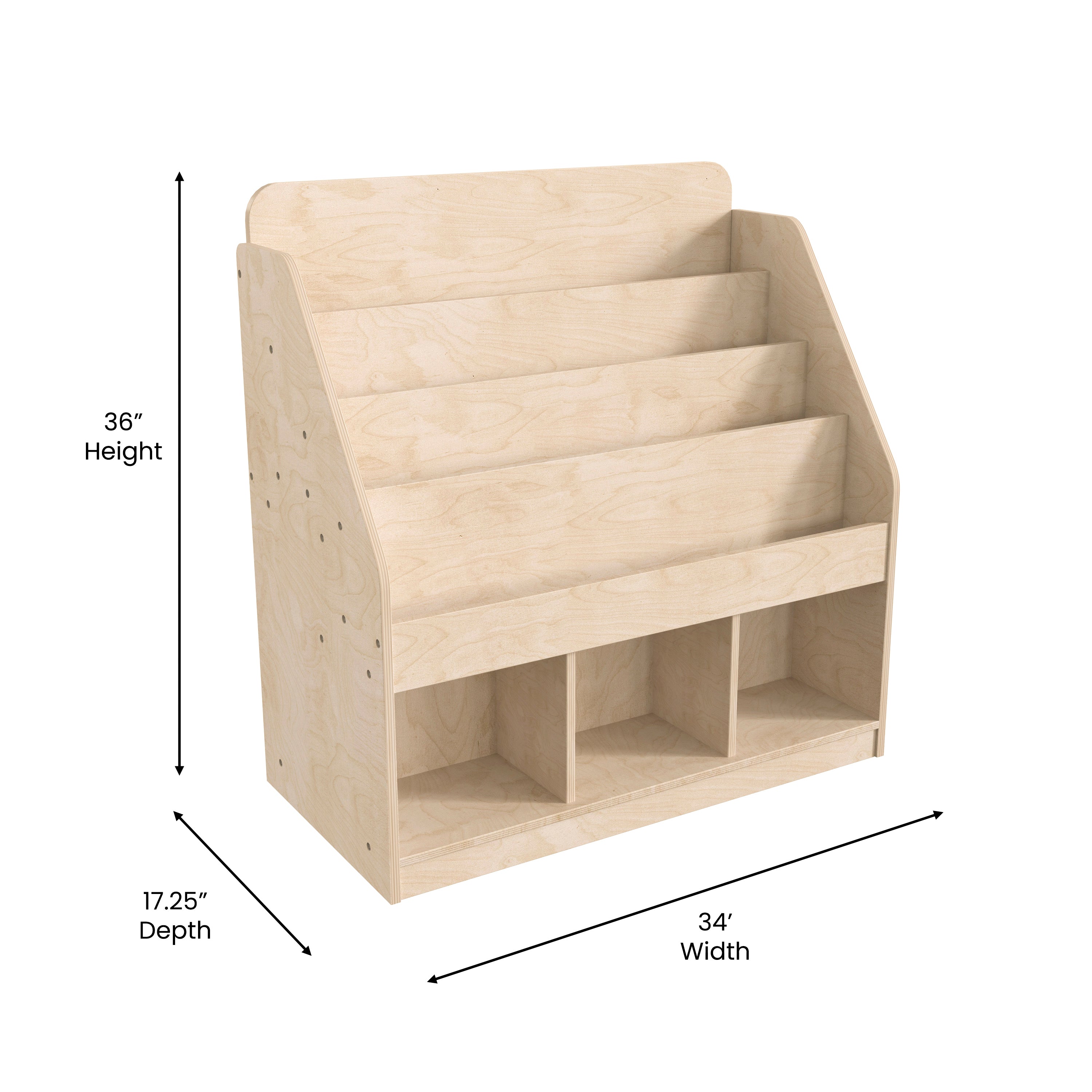 Bright Beginnings Commercial Grade Modular Wooden Classroom 4 Tier Bookstand with 3 Storage Compartments, Natural