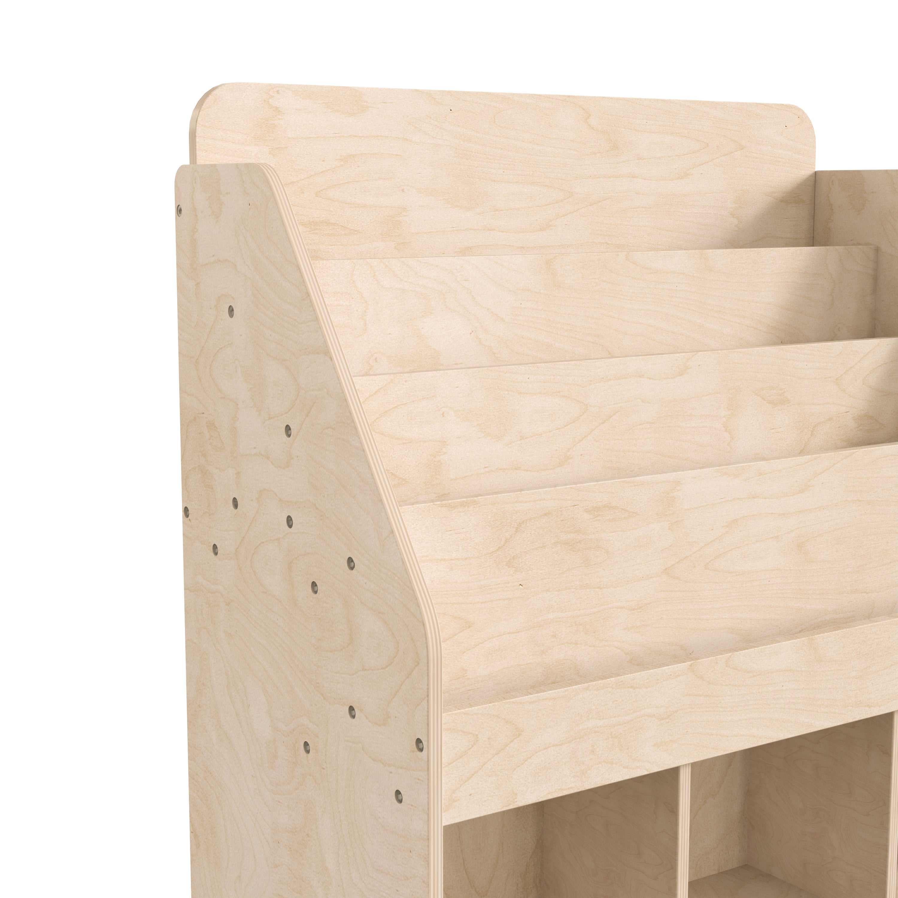 Bright Beginnings Commercial Grade Modular Wooden Classroom 4 Tier Bookstand with 3 Storage Compartments, Natural