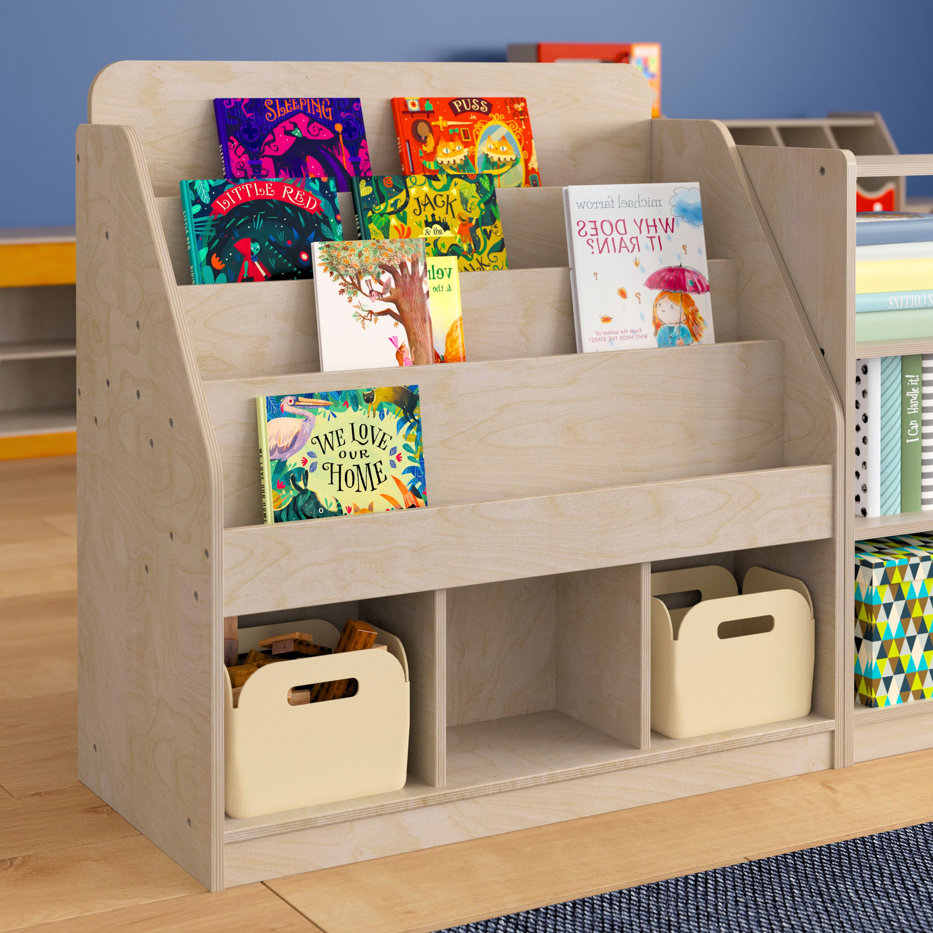 Bright Beginnings Commercial Grade Modular Wooden Classroom 4 Tier Bookstand with 3 Storage Compartments, Natural