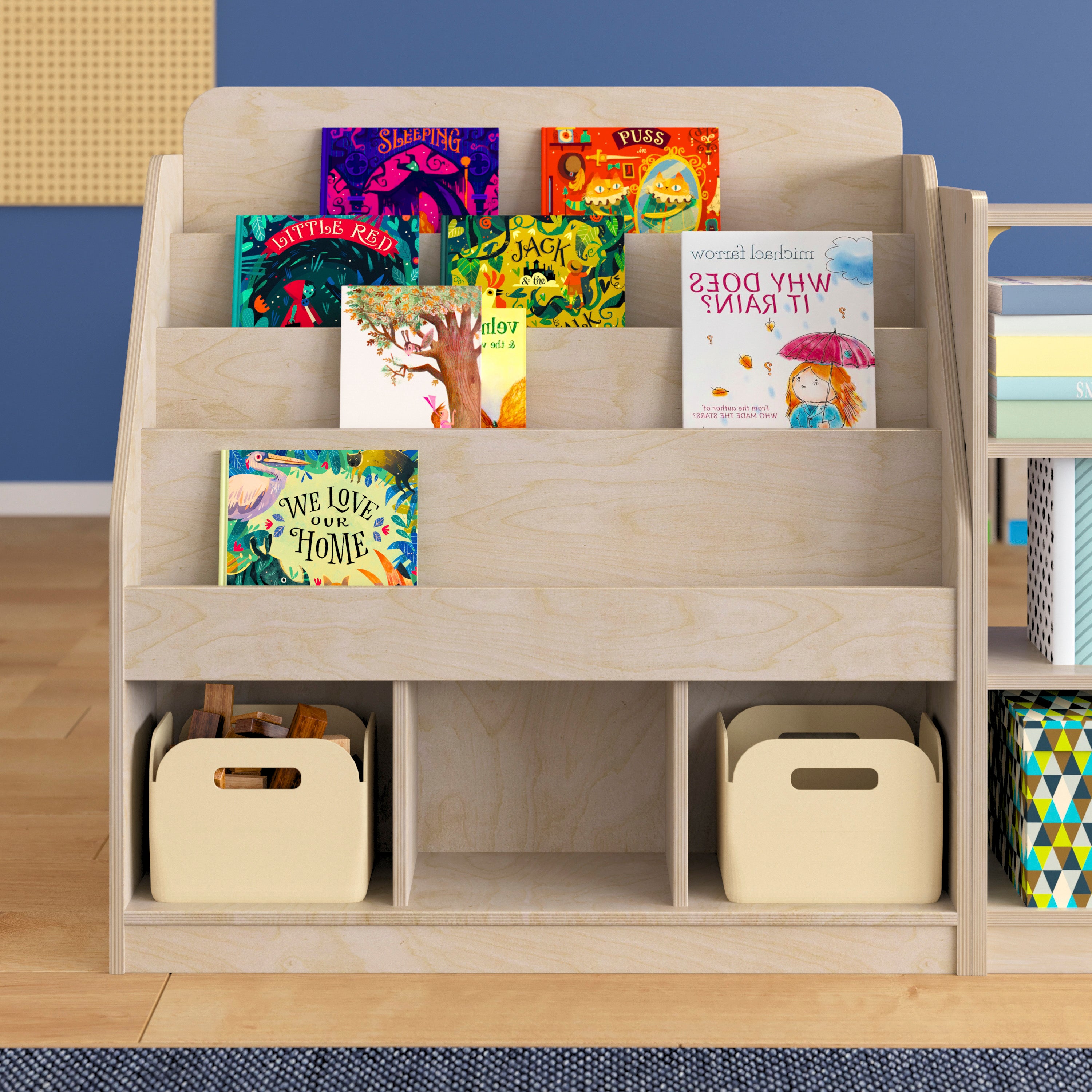 Bright Beginnings Commercial Grade Modular Wooden Classroom 4 Tier Bookstand with 3 Storage Compartments, Natural